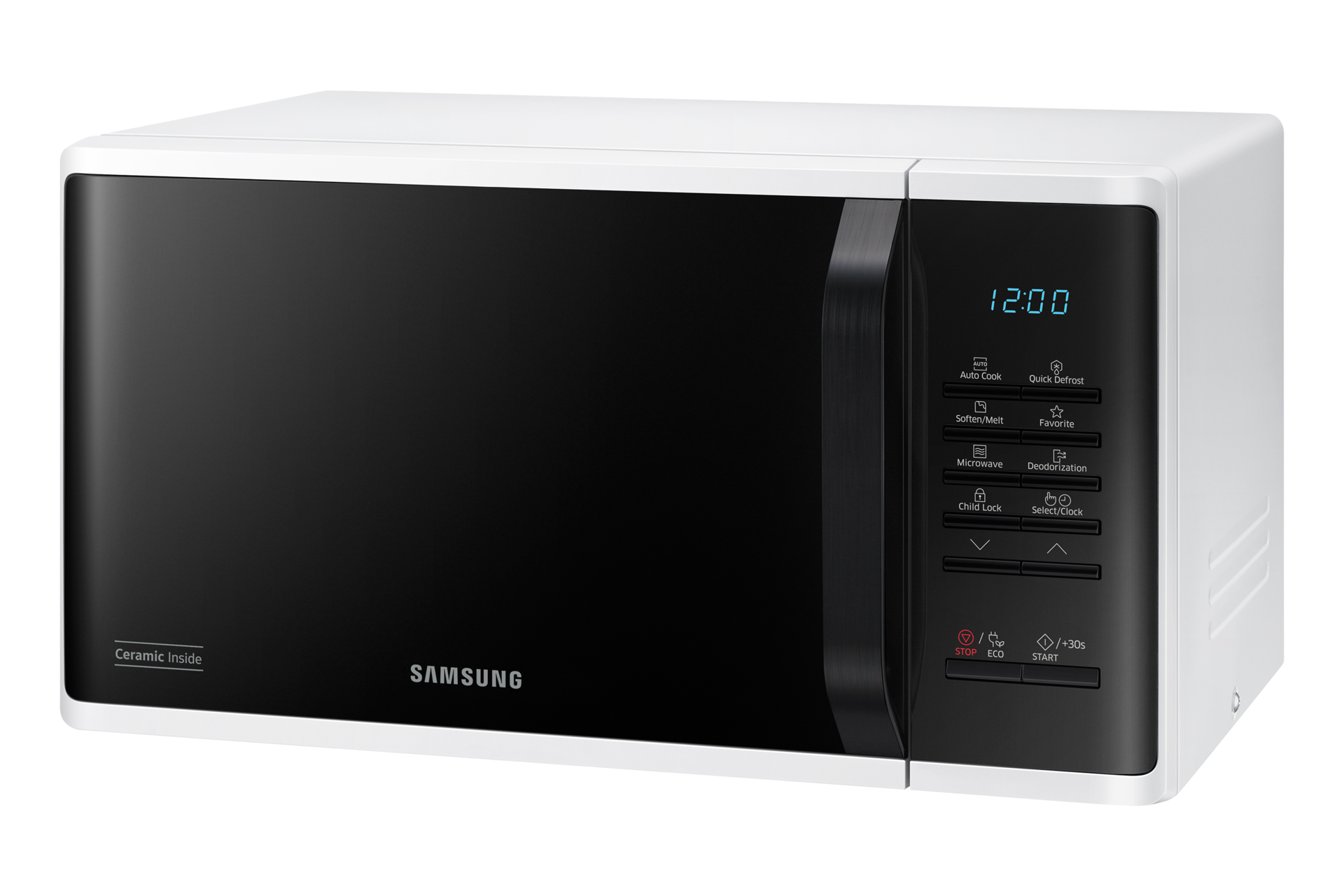 Horno microondas, exterior blanco, puerta y panel de control negros. Pantalla muestra 12:00. Botones y dial a la derecha.