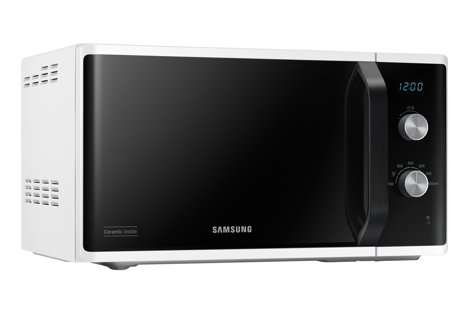 Kuchenka mikrofalowa, biała z czarnym przodem. Panel sterowania po prawej ze wyświetlaczem cyfrowym. Widoczne pokrętło i przyciski.