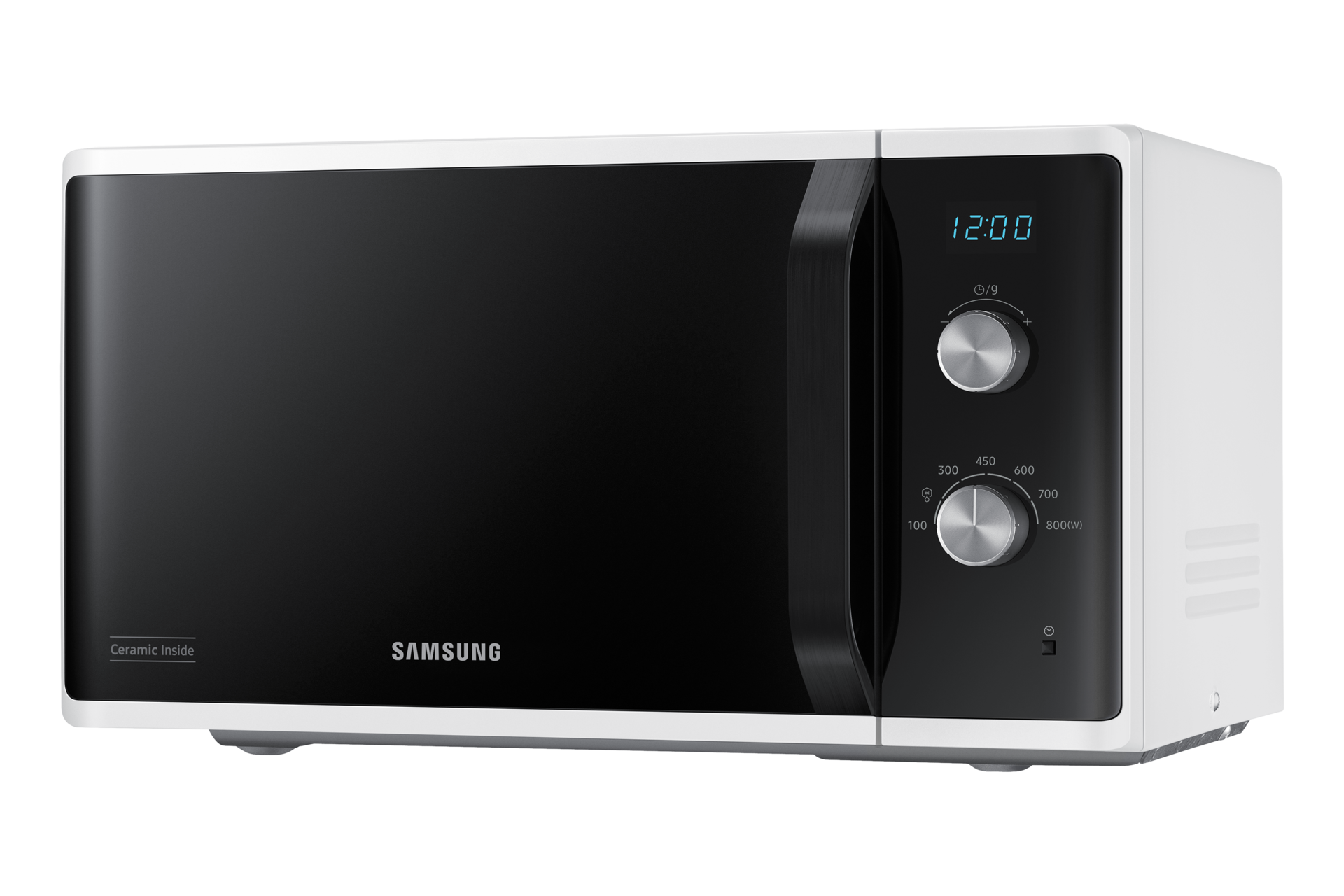 Kuchenka mikrofalowa, biała z czarnym przodem. Panel sterowania po prawej ze wyświetlaczem cyfrowym i pokrętłem. Ustawienie mocy 800W.