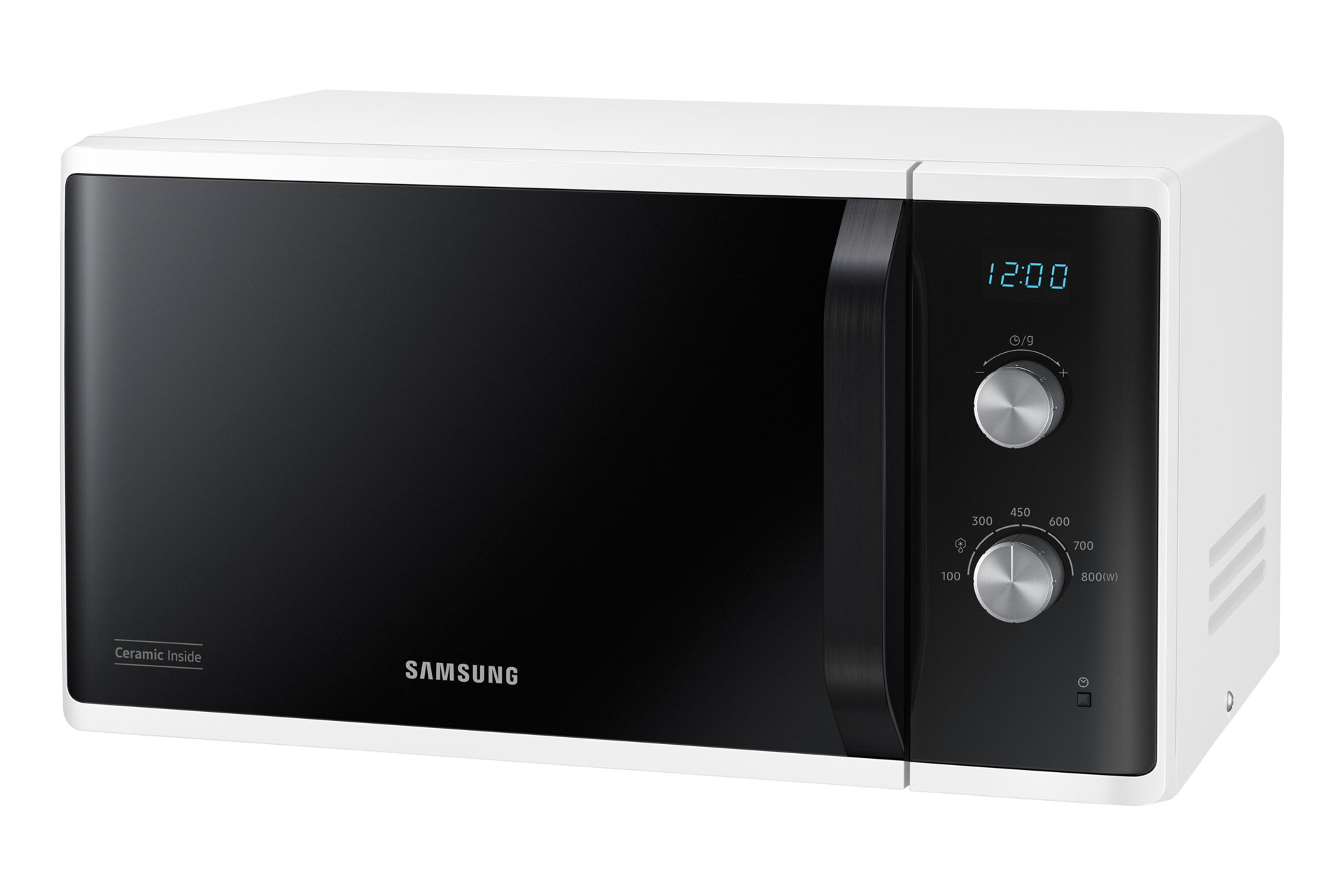 Kuchenka mikrofalowa, biała z czarnym przodem. Panel sterowania po prawej ze wyświetlaczem cyfrowym i pokrętłem. Ustawienie mocy 800W.