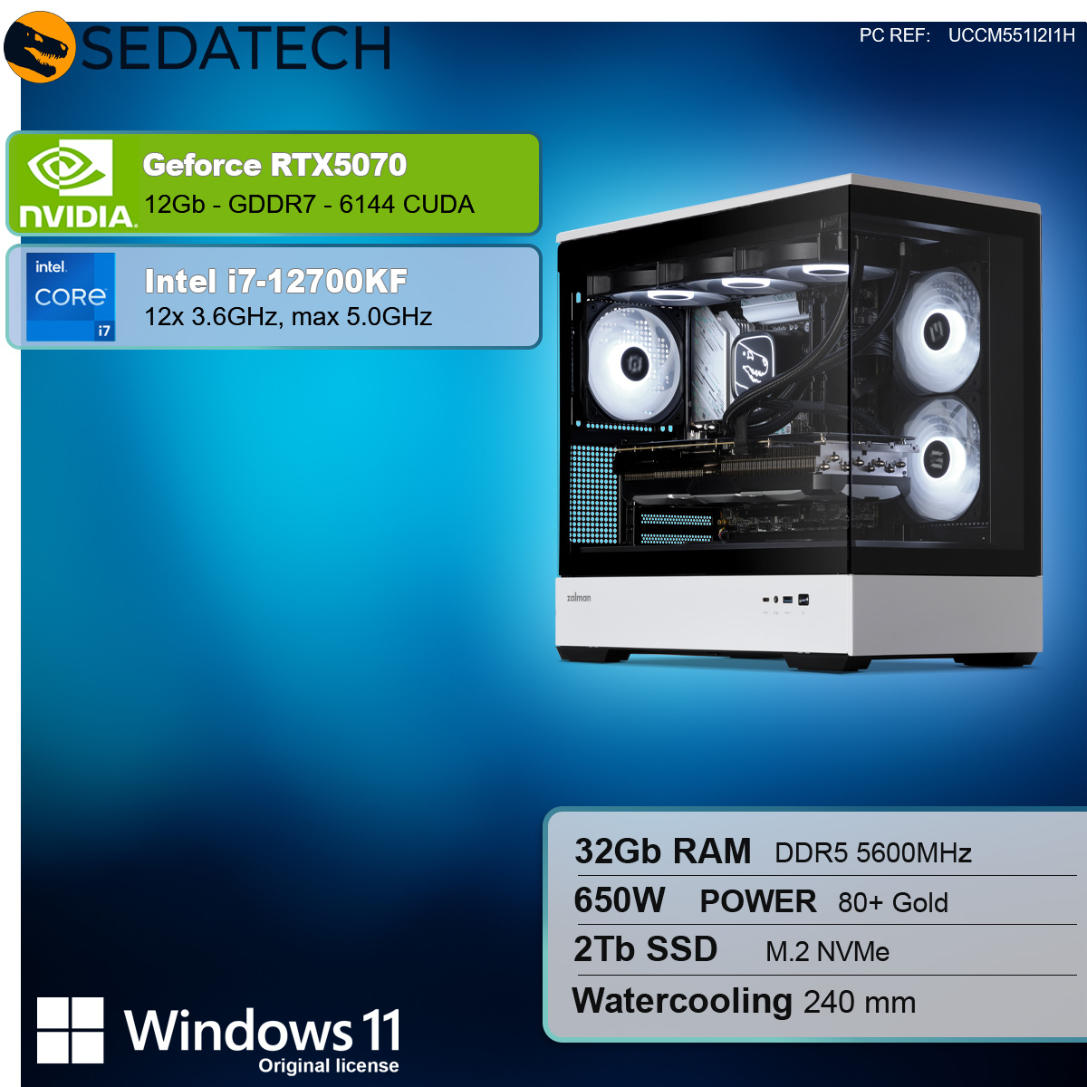 PC desktop con GeForce RTX5070, Intel i7, 32 GB RAM, 2 TB SSD e raffreddamento a liquido. Logo Windows 11.