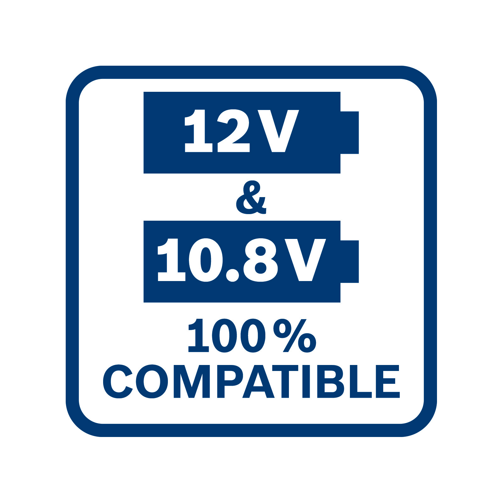 Yuvarlak köşeli mavi ve beyaz bir karede '12V & 10.8V' ve '100% COMPATIBLE' yazısı.