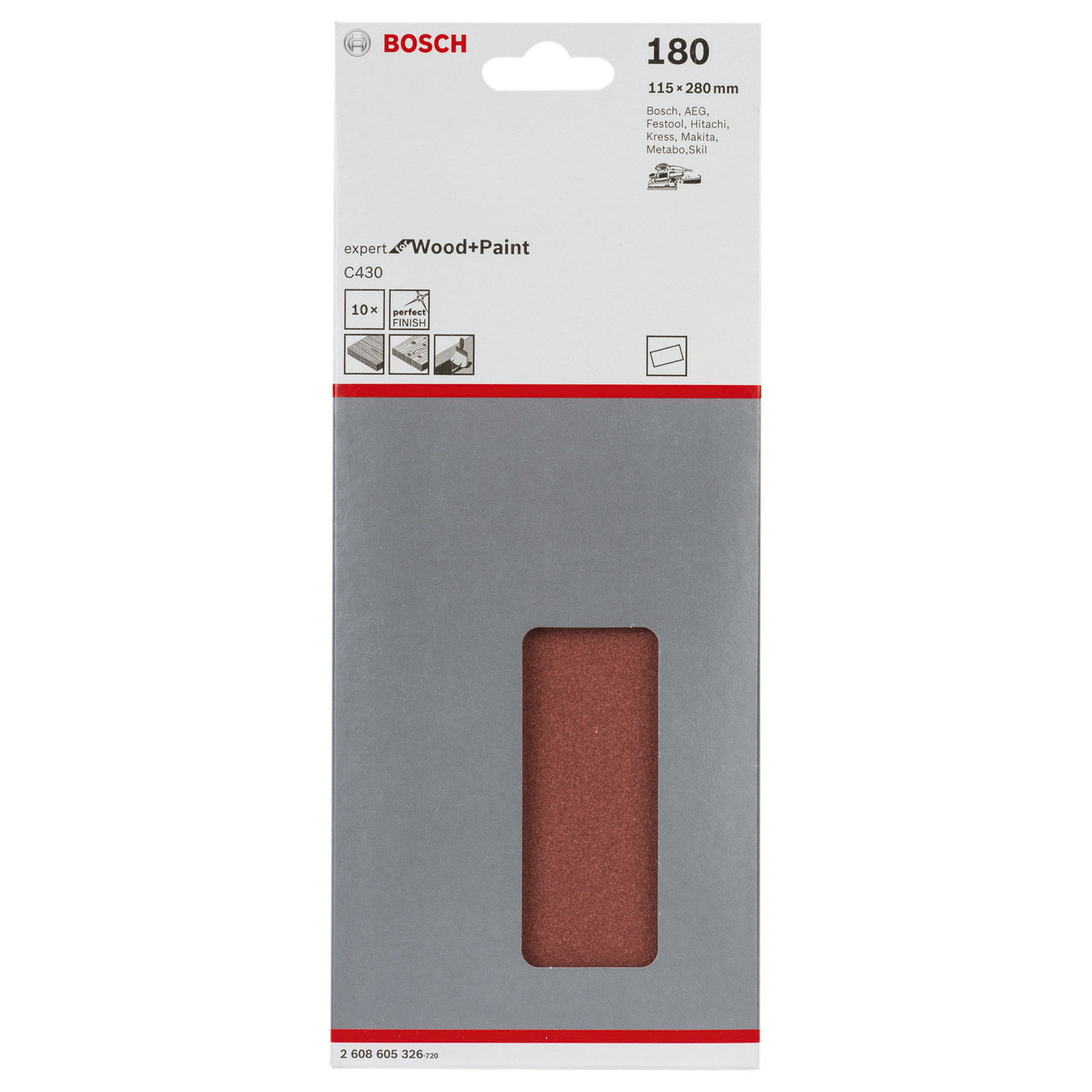 Ein rotes Schleifblatt in einer grau-weißen Verpackung. Es ist für Holz und Farbe bestimmt.