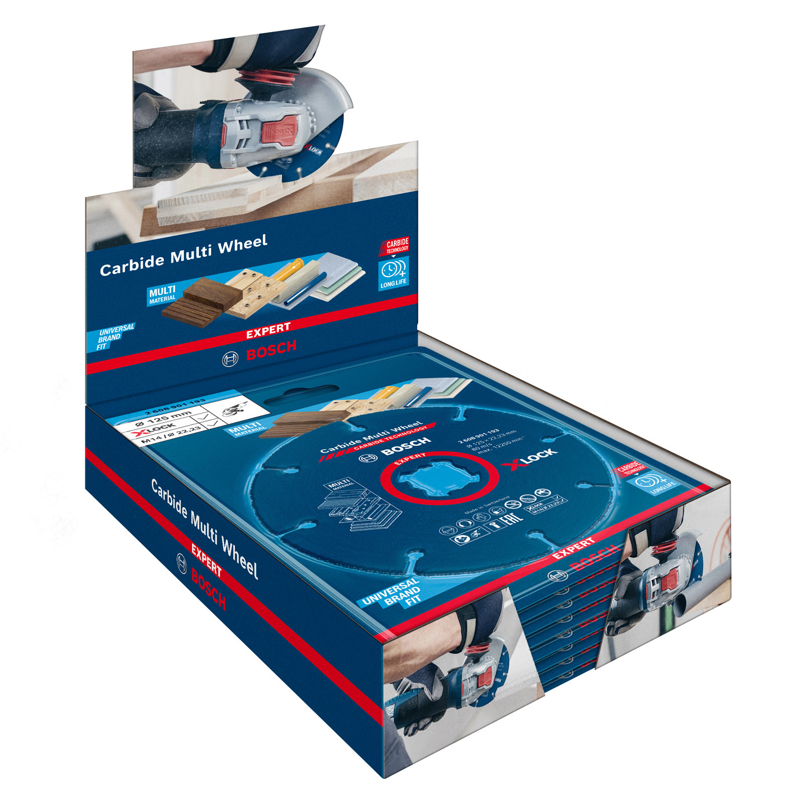 Bosch Carbide Multi Wheel in einer Displaybox. Das blaue Rad befindet sich in einer rot-weißen Box. Präsentiert das Werkzeug.