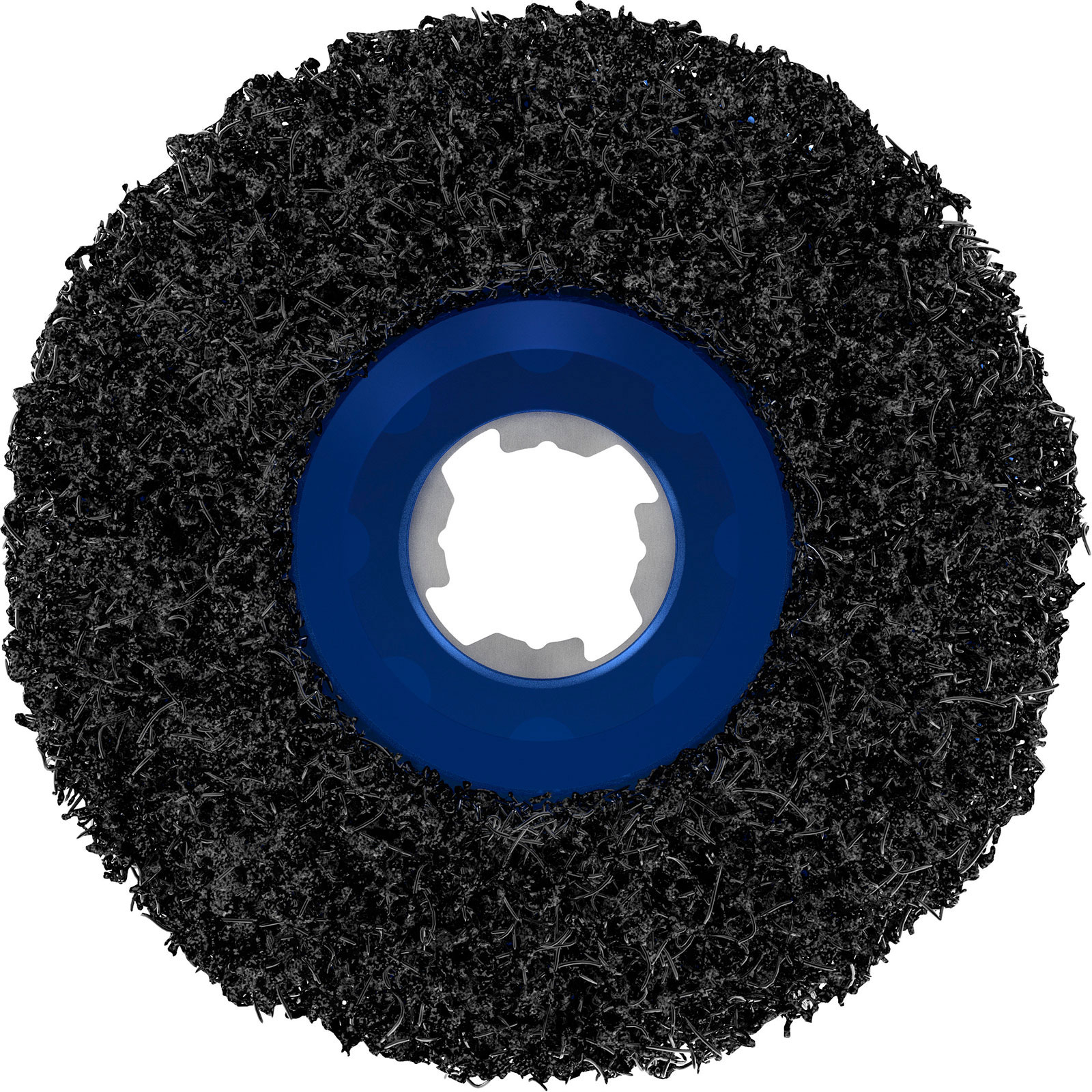 Eine schwarze Schleifscheibe mit blauem zentralen Naben. Die Scheibe ist strukturiert. Das Zentrum ist glatt und blau.