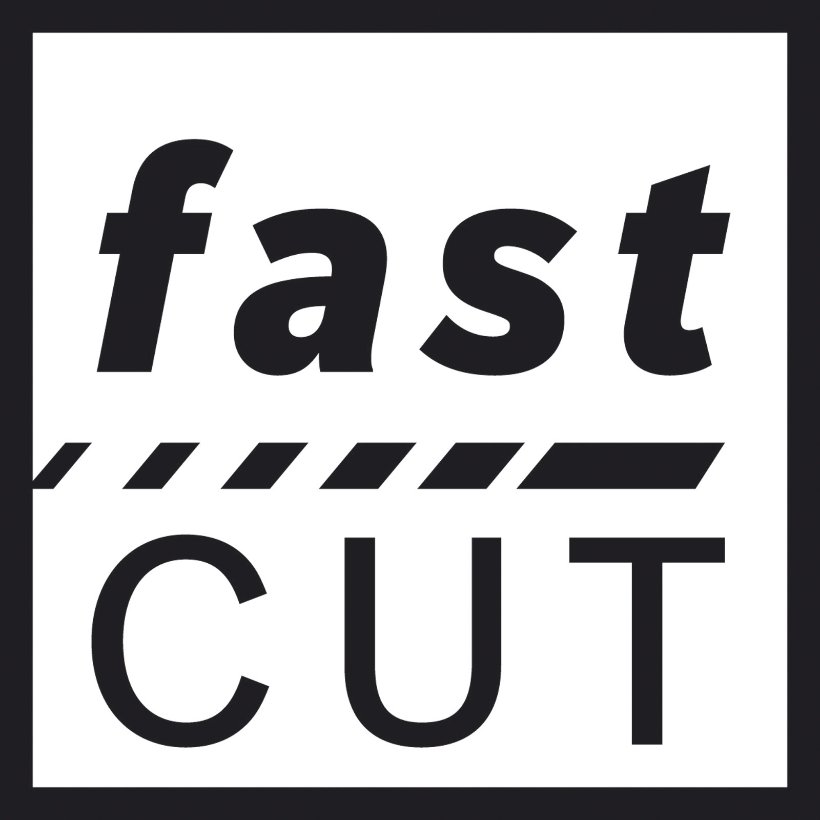 Czarno-biała grafika słów 'fast CUT' w kwadracie. Słowo 'fast' jest nad 'CUT'.