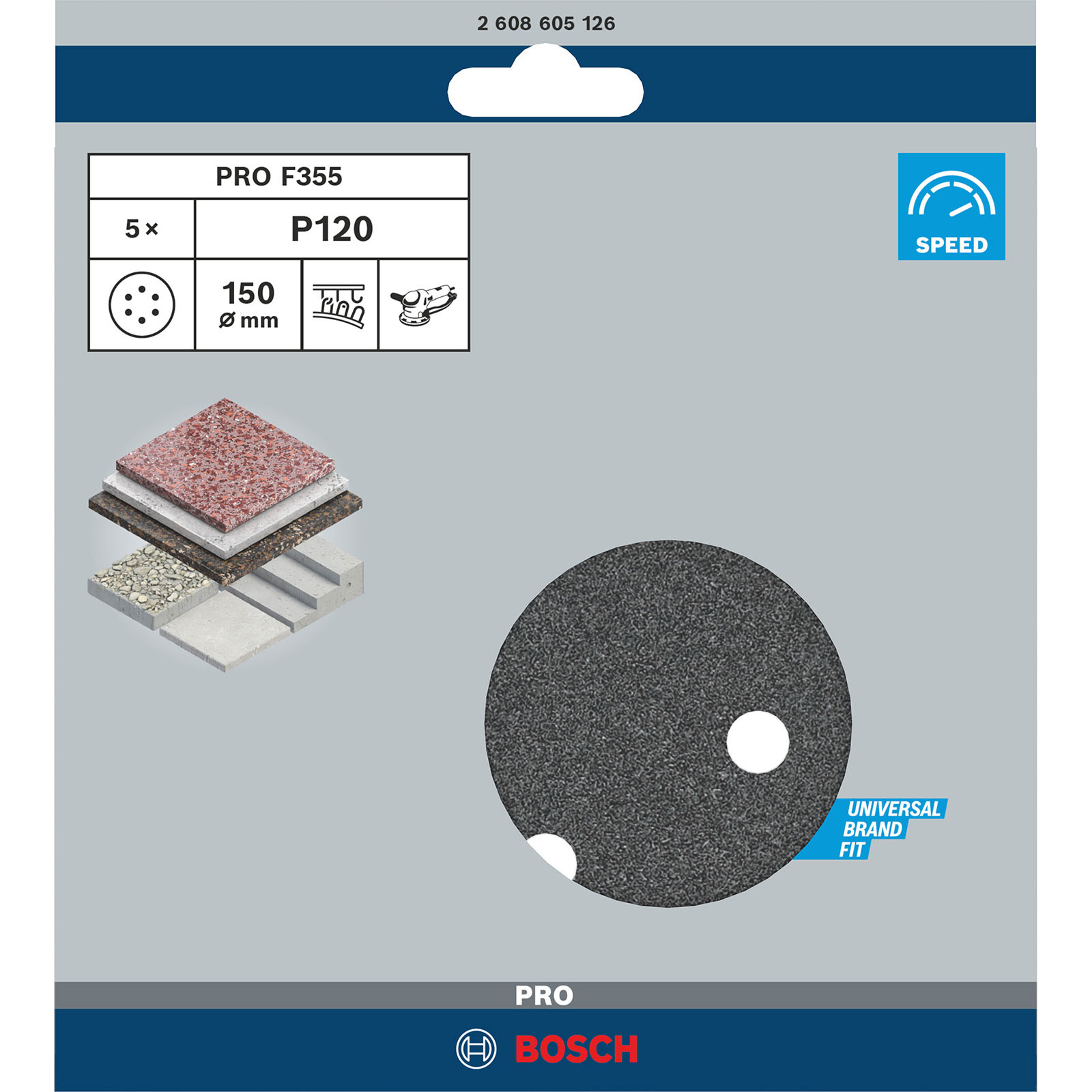 Eine Bosch-Verpackung mit einer Schleifscheibe und einer Grafik für mehrere Materialien. Es zeigt Produktdetails.
