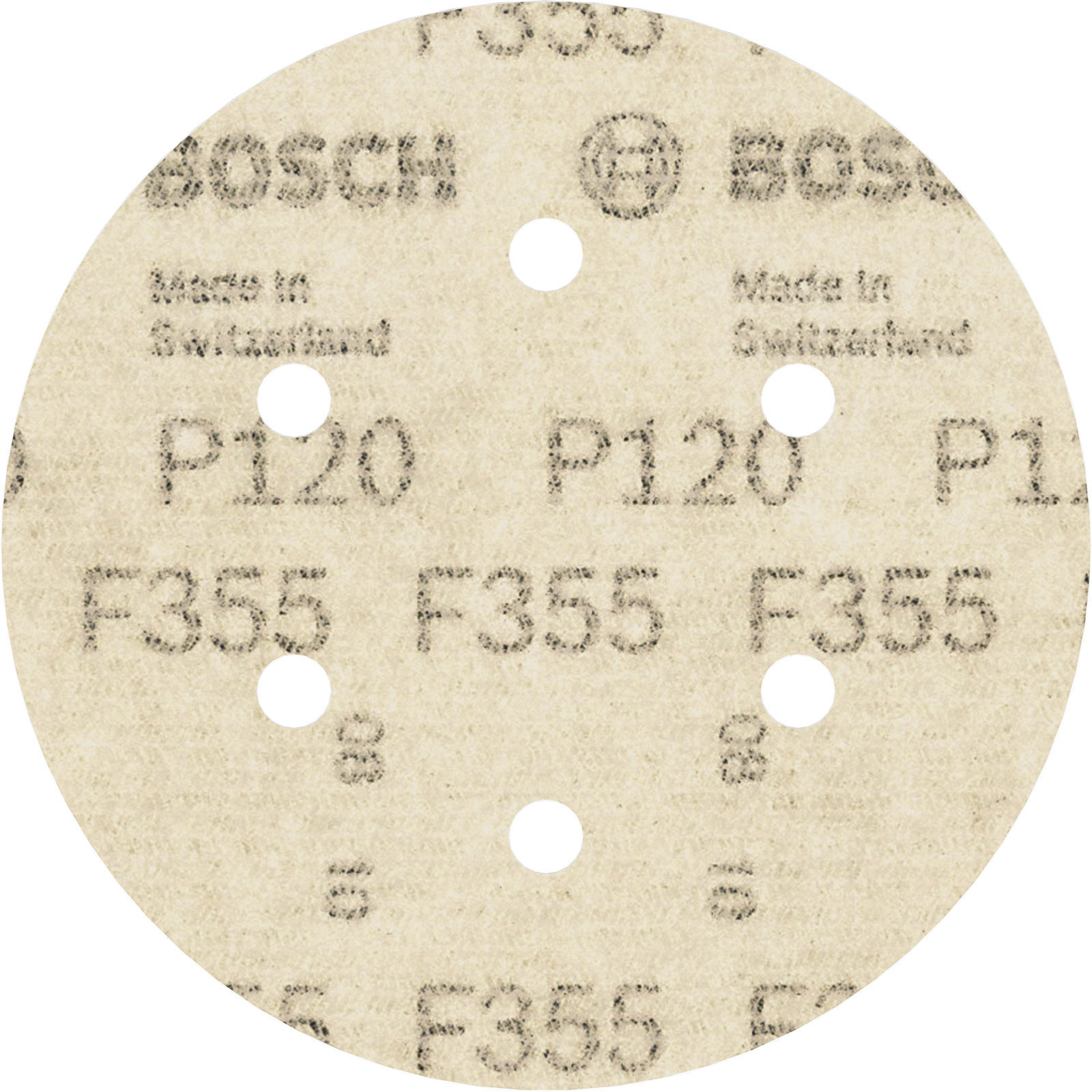 Nahaufnahme einer Schleifscheibe mit weißen kreisförmigen Löchern und beiger Oberfläche. Produktdetails sind sichtbar.