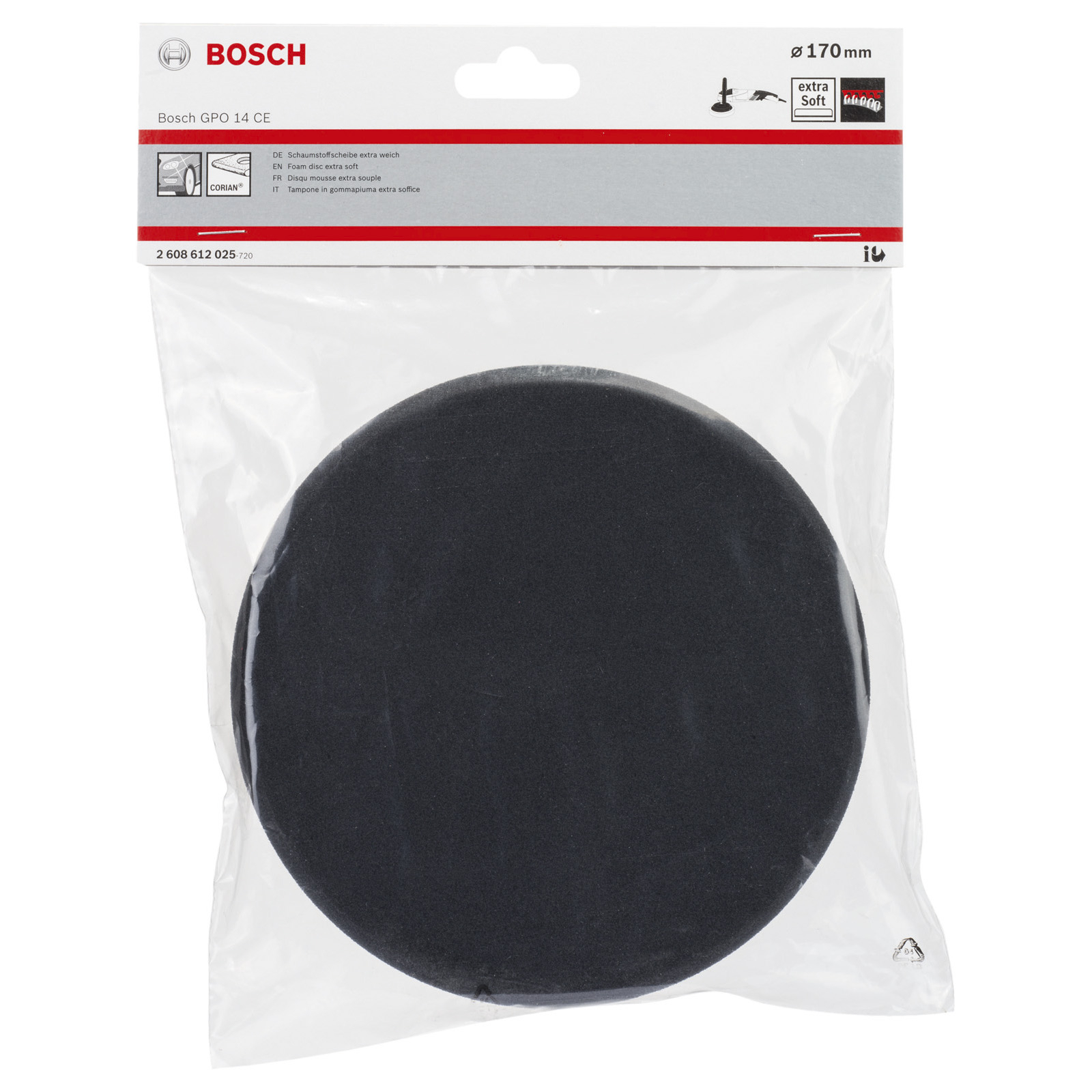 Eine schwarze Schaumstoffscheibe in einer transparenten Plastikverpackung. Verpackungsdetails enthalten Bosch und Produktinfo.