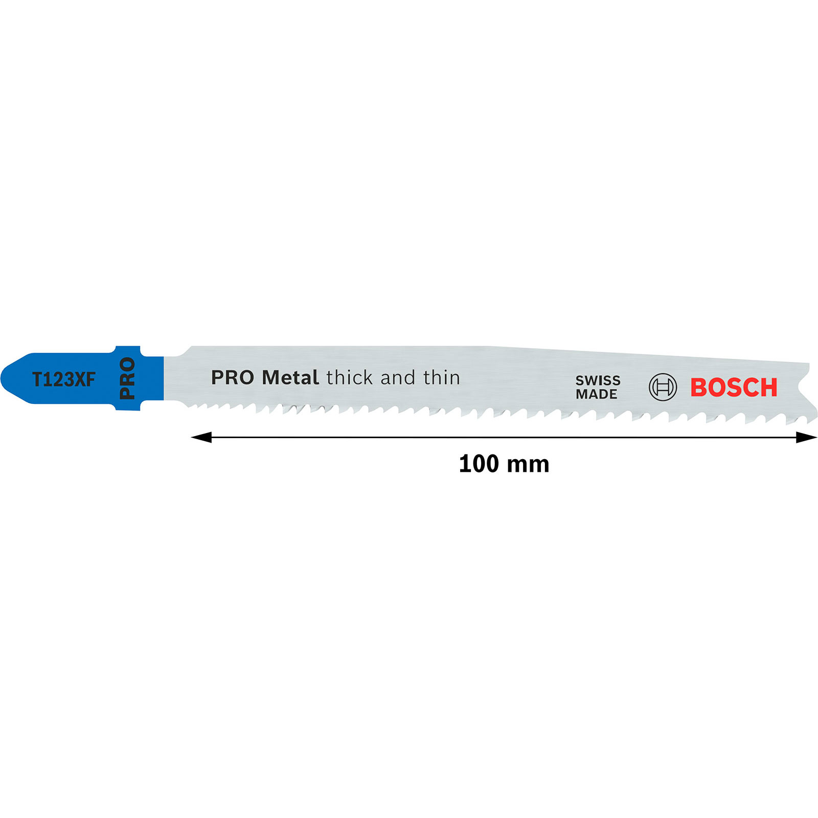 Das Bild zeigt ein Bosch T123XF PRO Metallsägeblatt mit Abmessungen und Produktinformationen vor einem weißen Hintergrund.
