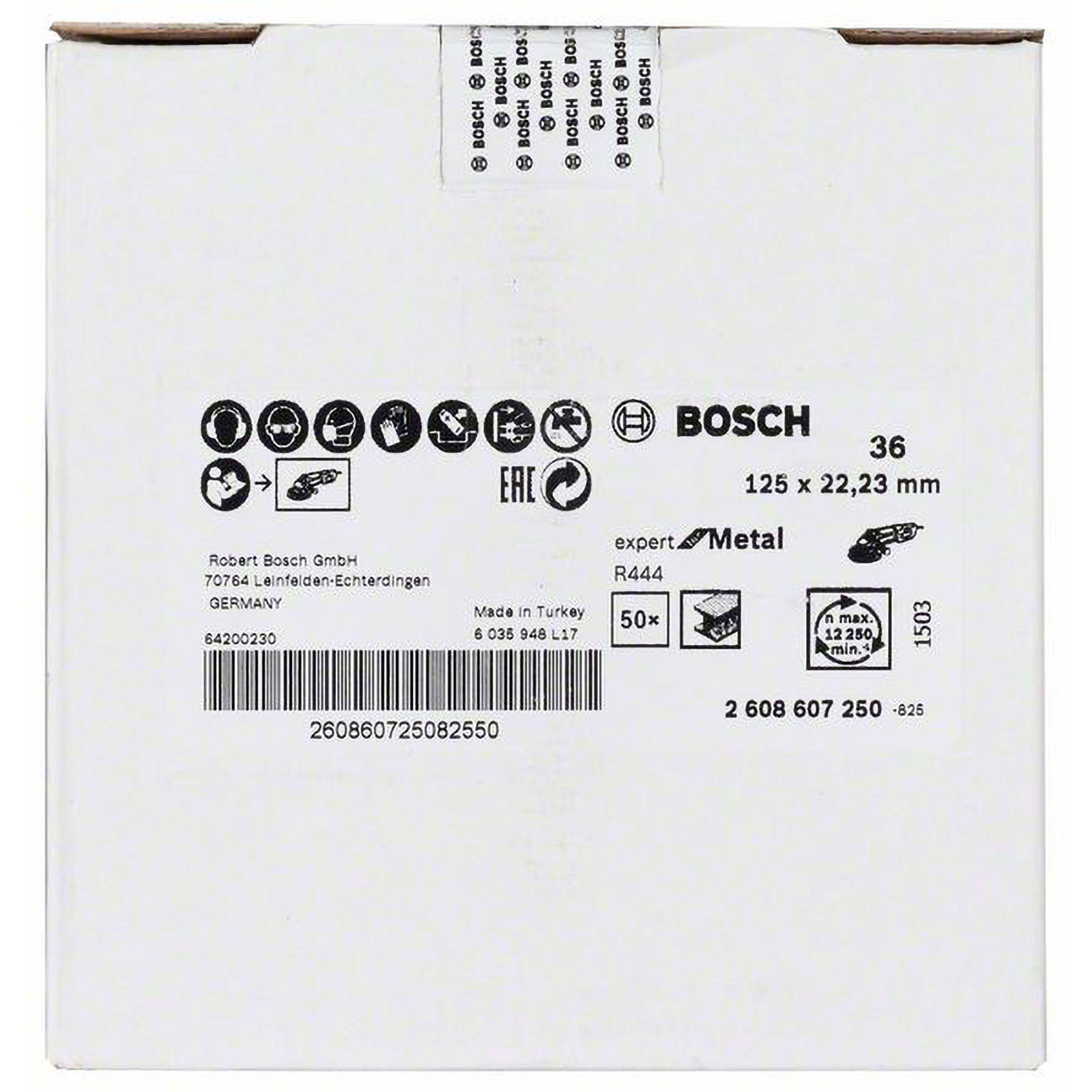 De afbeelding toont de productverpakking voor Bosch Expert Metal doorslijpschijven, met details over specificaties en pictogrammen.