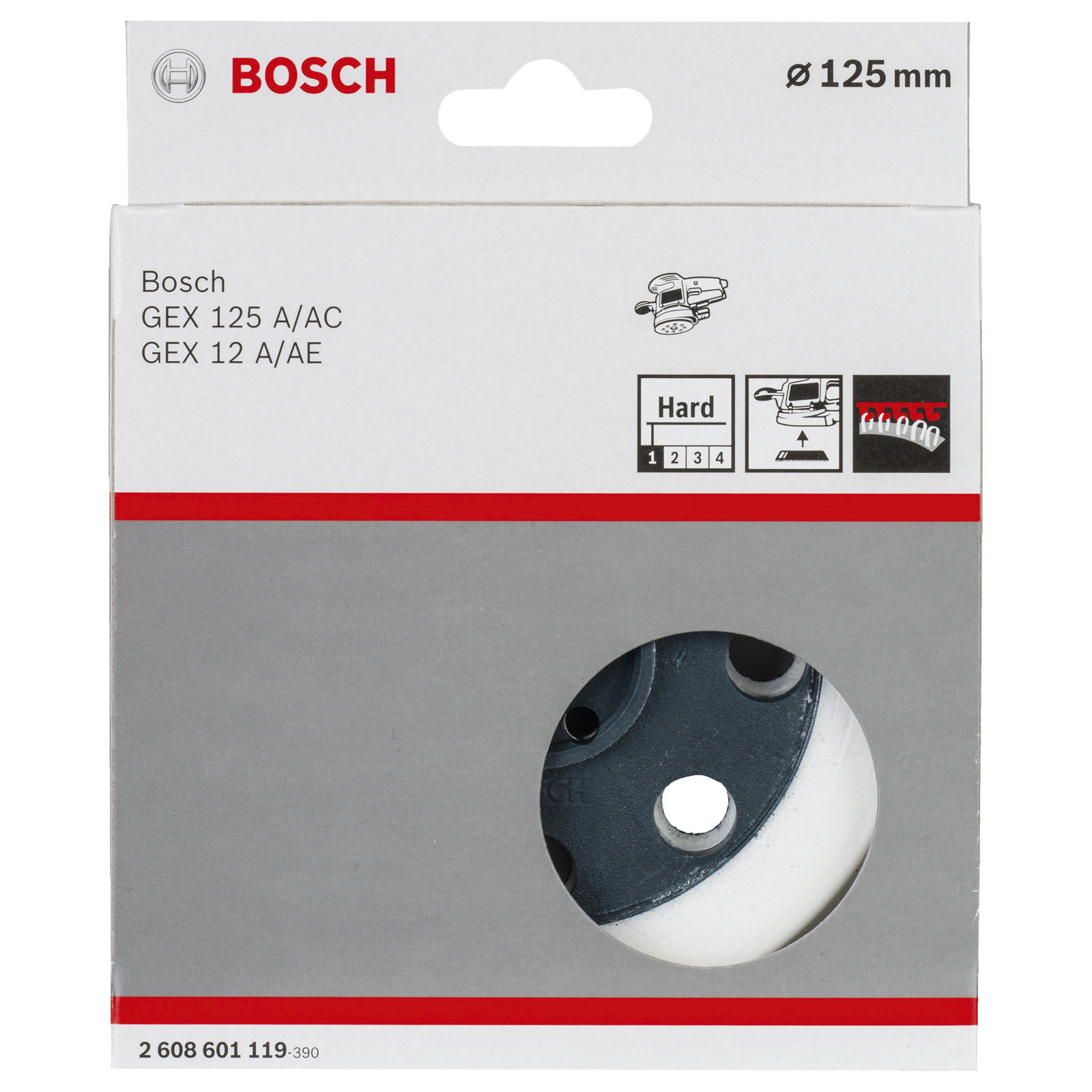 Ein Bosch Schleifpad in einer Box. Die Box hat Bilder und Text.