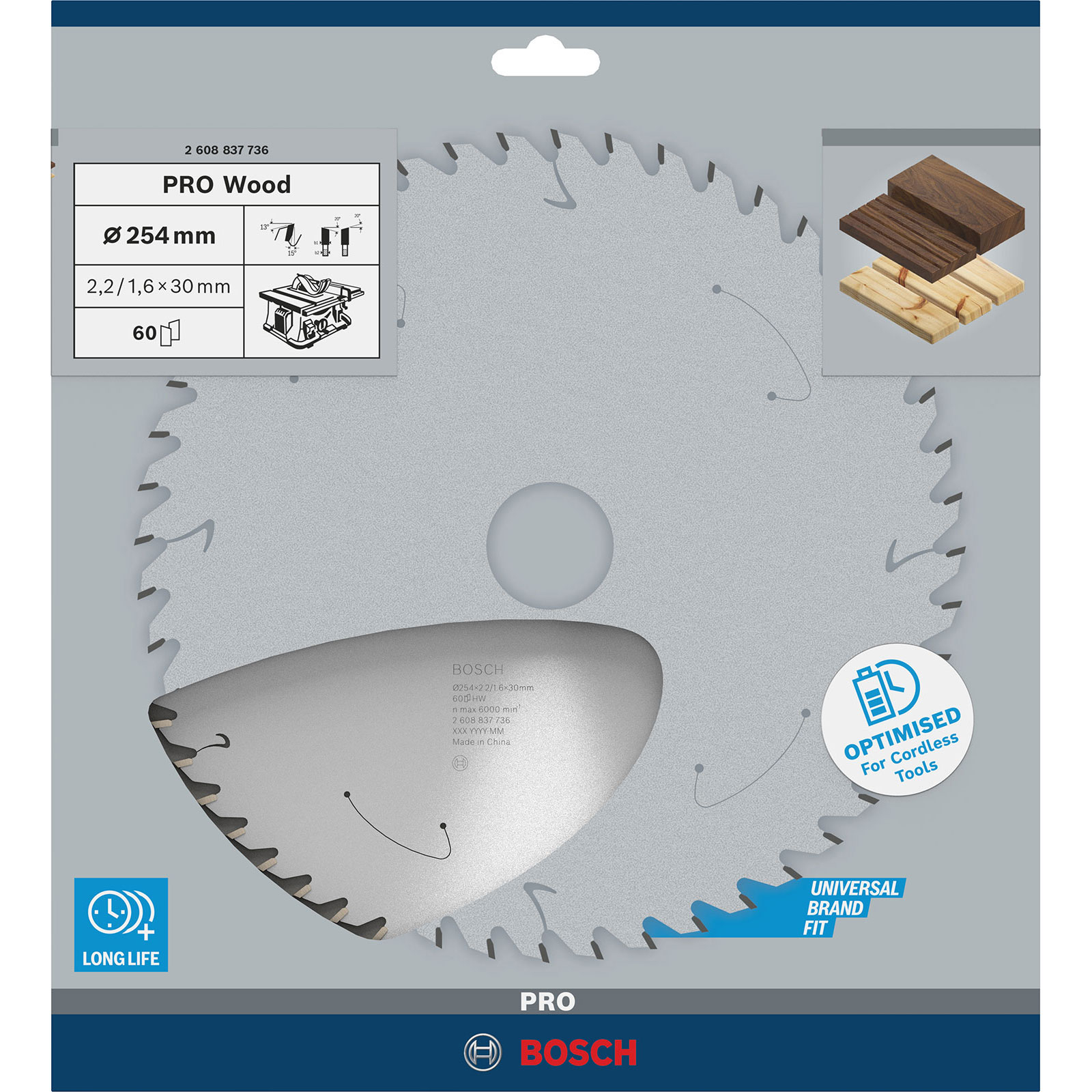 Kreissägeblatt mit Textdetails. Die Logos von Bosch und PRO sind sichtbar. Sägeblatt mit Zähnen.