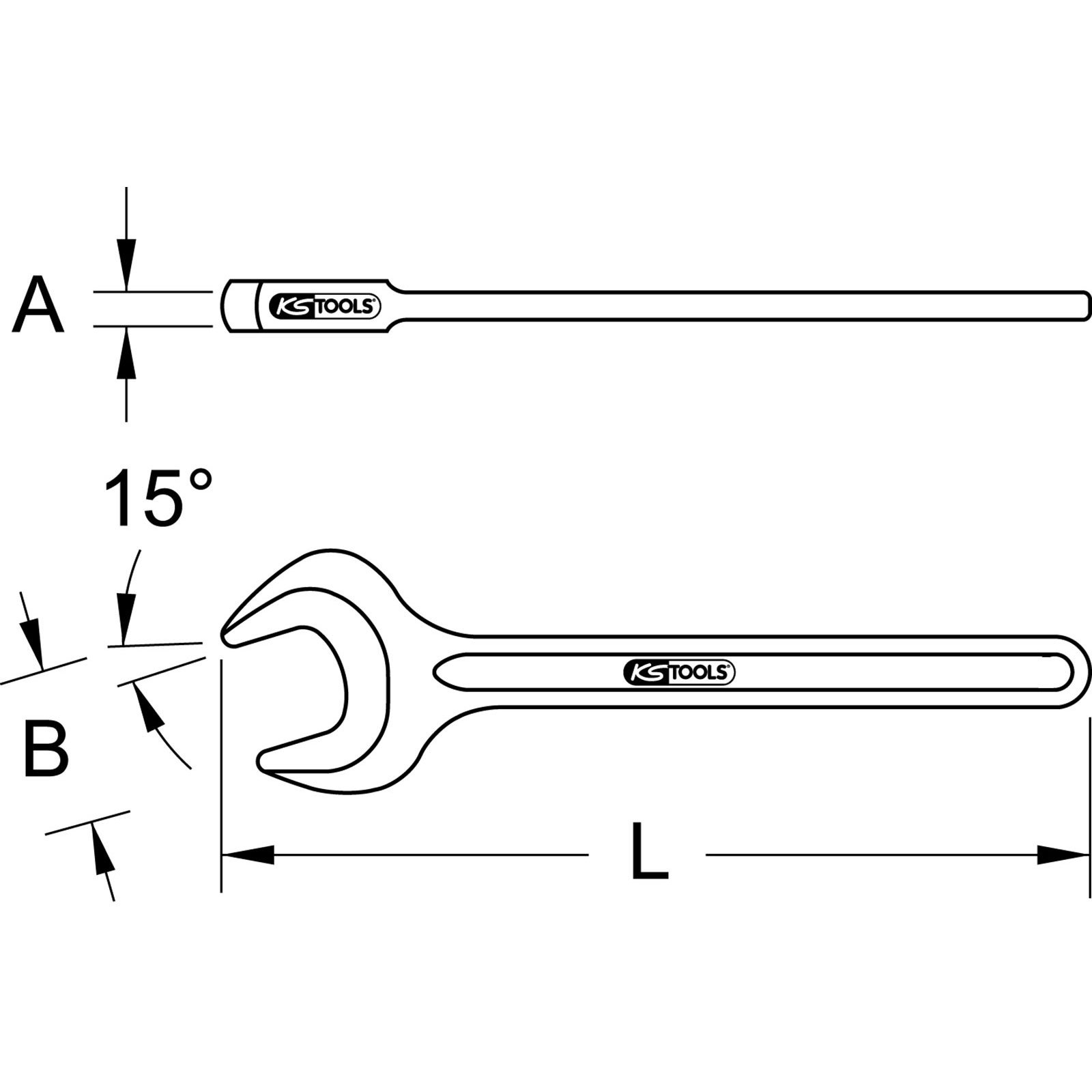 Eine Strichzeichnung zeigt die Abmessungen eines Schraubenschlüssels, der mit „A“, „B“ und „L“ beschriftet ist, vor einem weißen Hintergrund.