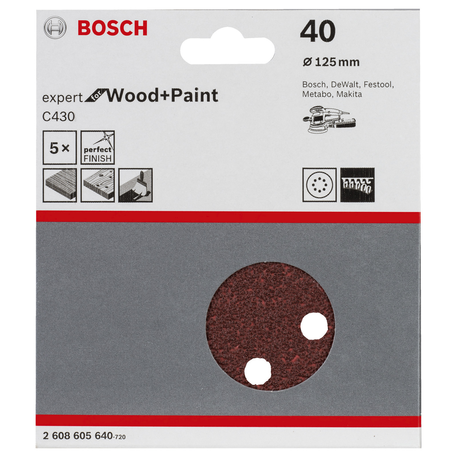Schleifscheibe in Verpackung. Maroonfarbene Scheibe mit acht Löchern für Holz und Farbe.