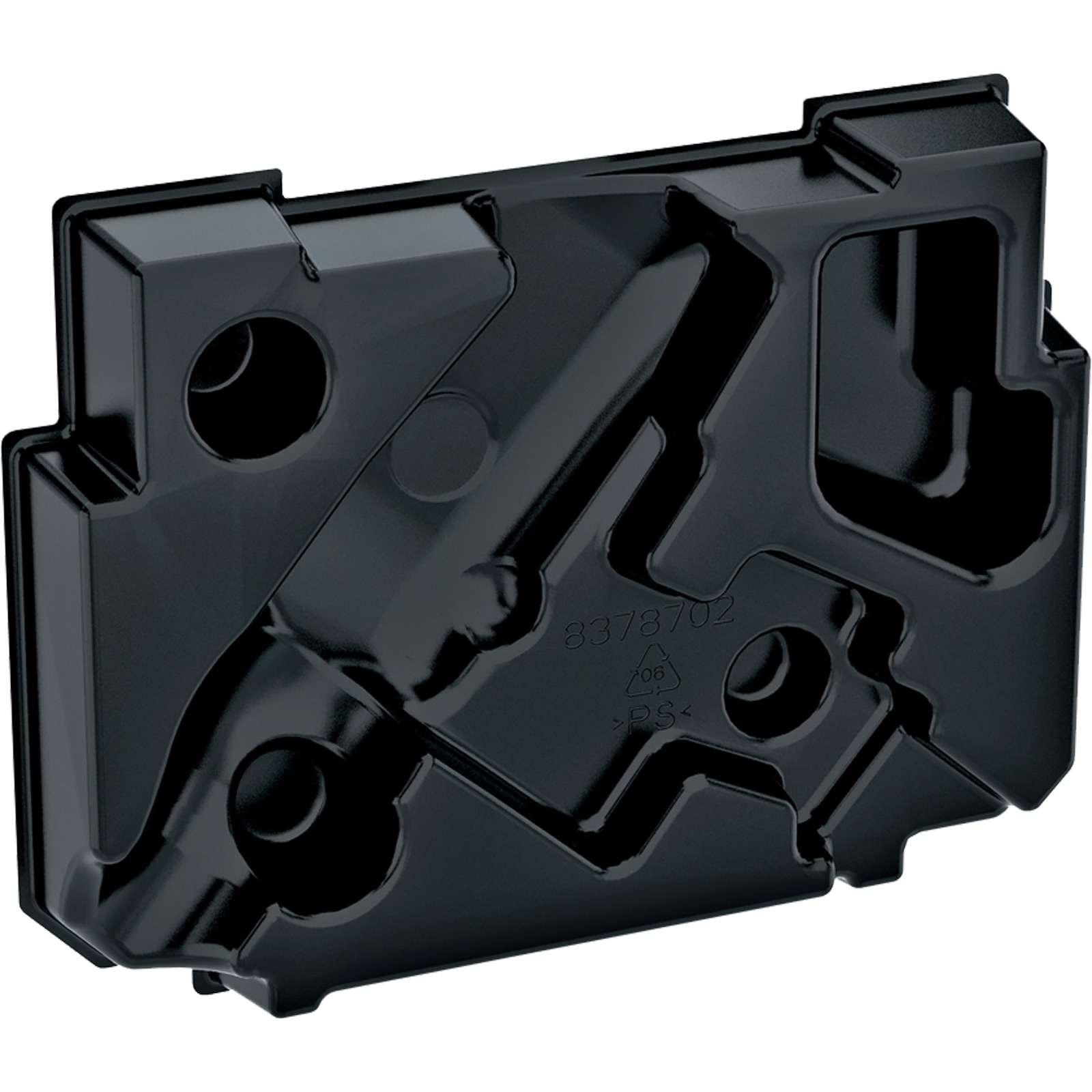 Ein schwarzer Plastikbehälter mit geometrischen Formen. Die Nummer 8378702 befindet sich in der Mitte.