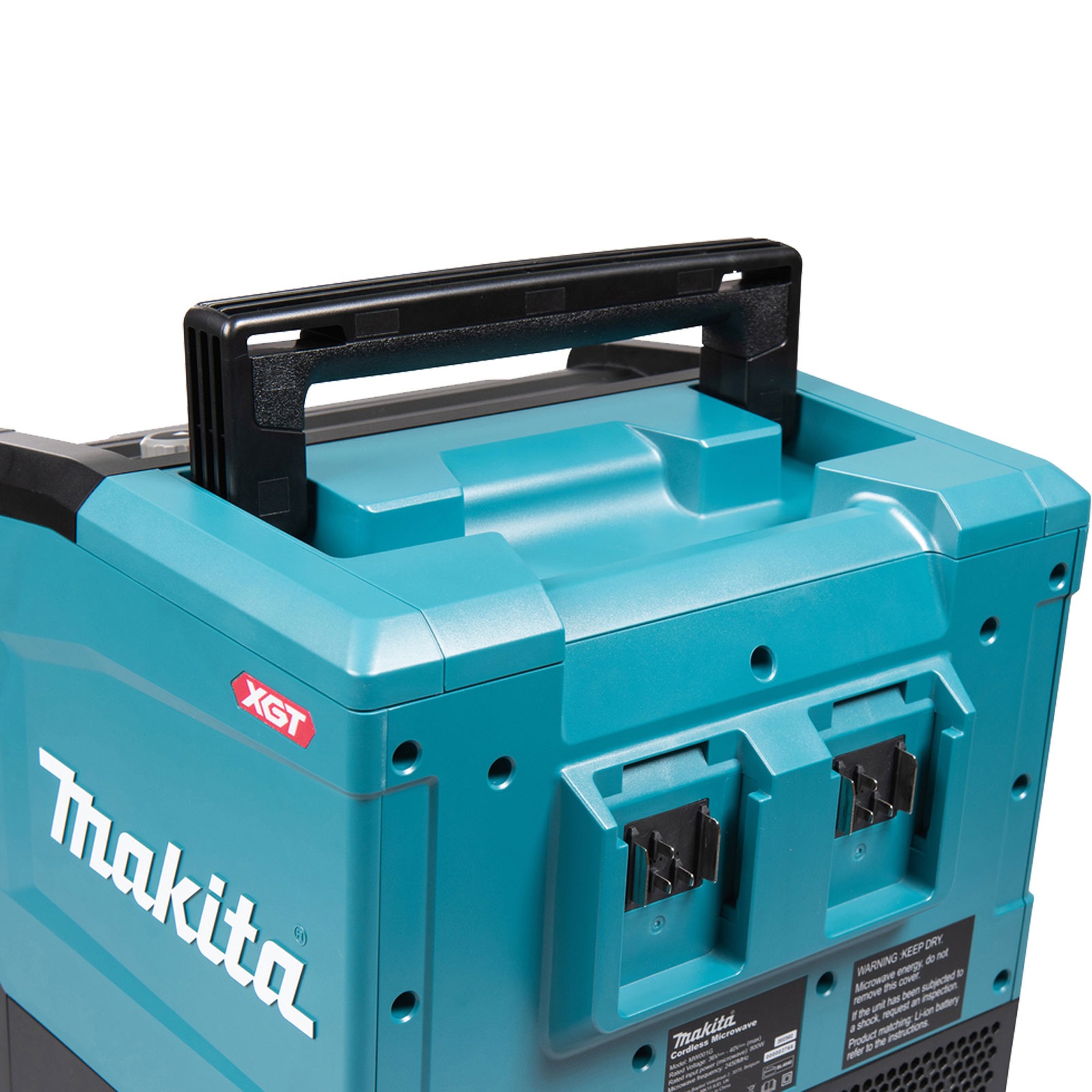 Uno strumento turchese con un manico nero. Il logo Makita è visibile. Ha due slot per batterie.