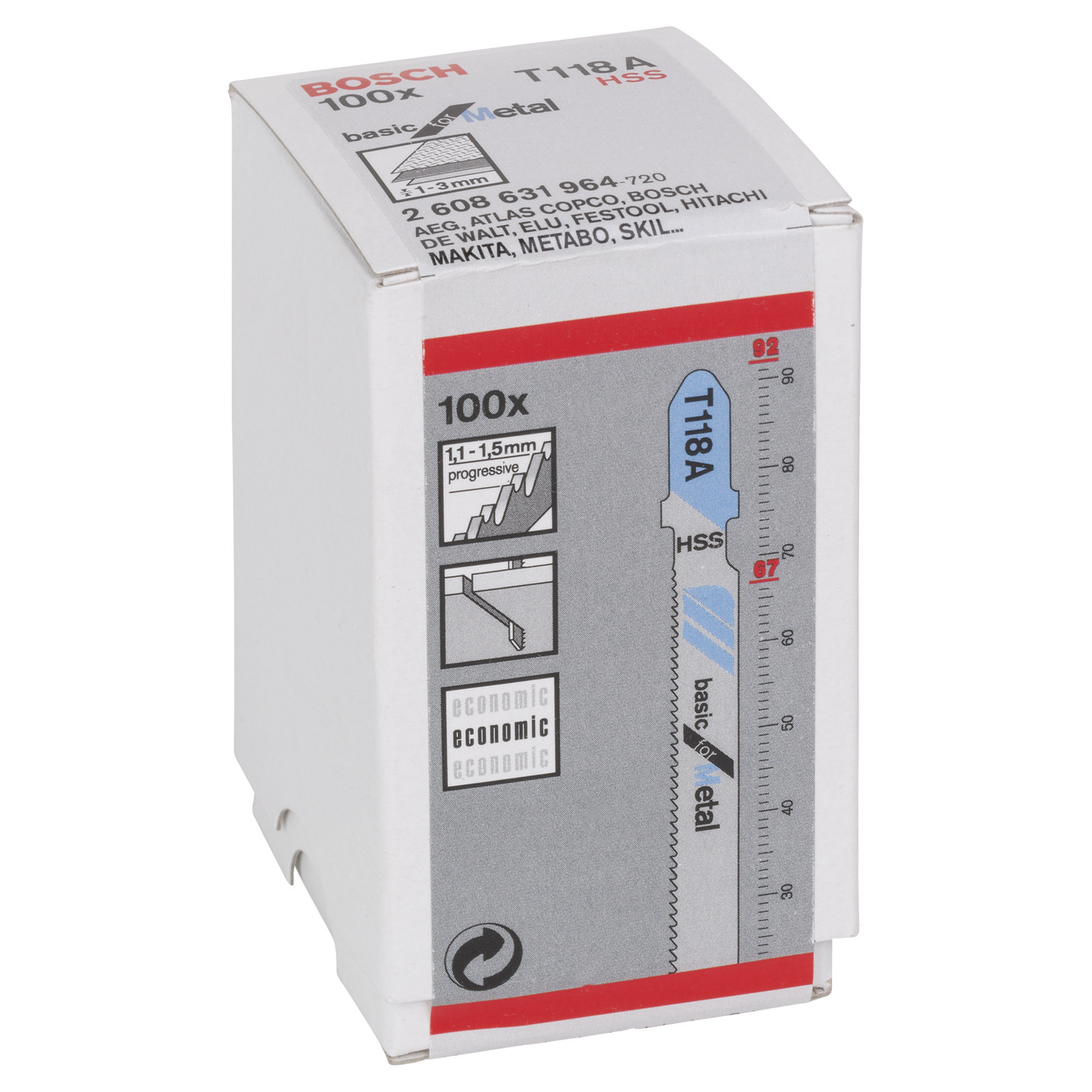 L'immagine mostra una scatola bianca di lame per seghetto alternativo Bosch T118A per metallo, con dettagli del prodotto e informazioni sul marchio.