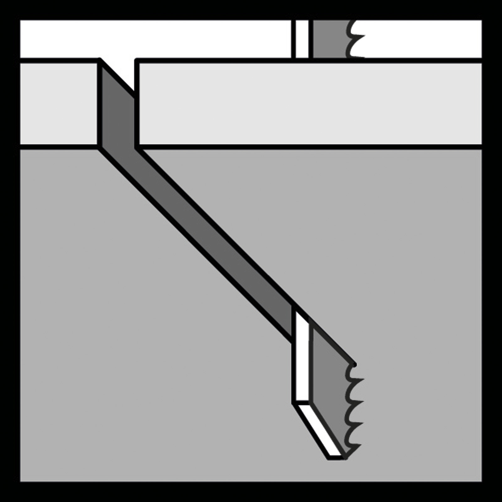 Un diagramma in scala di grigi mostra una sega che taglia un materiale ad angolo, con la lama visibile.