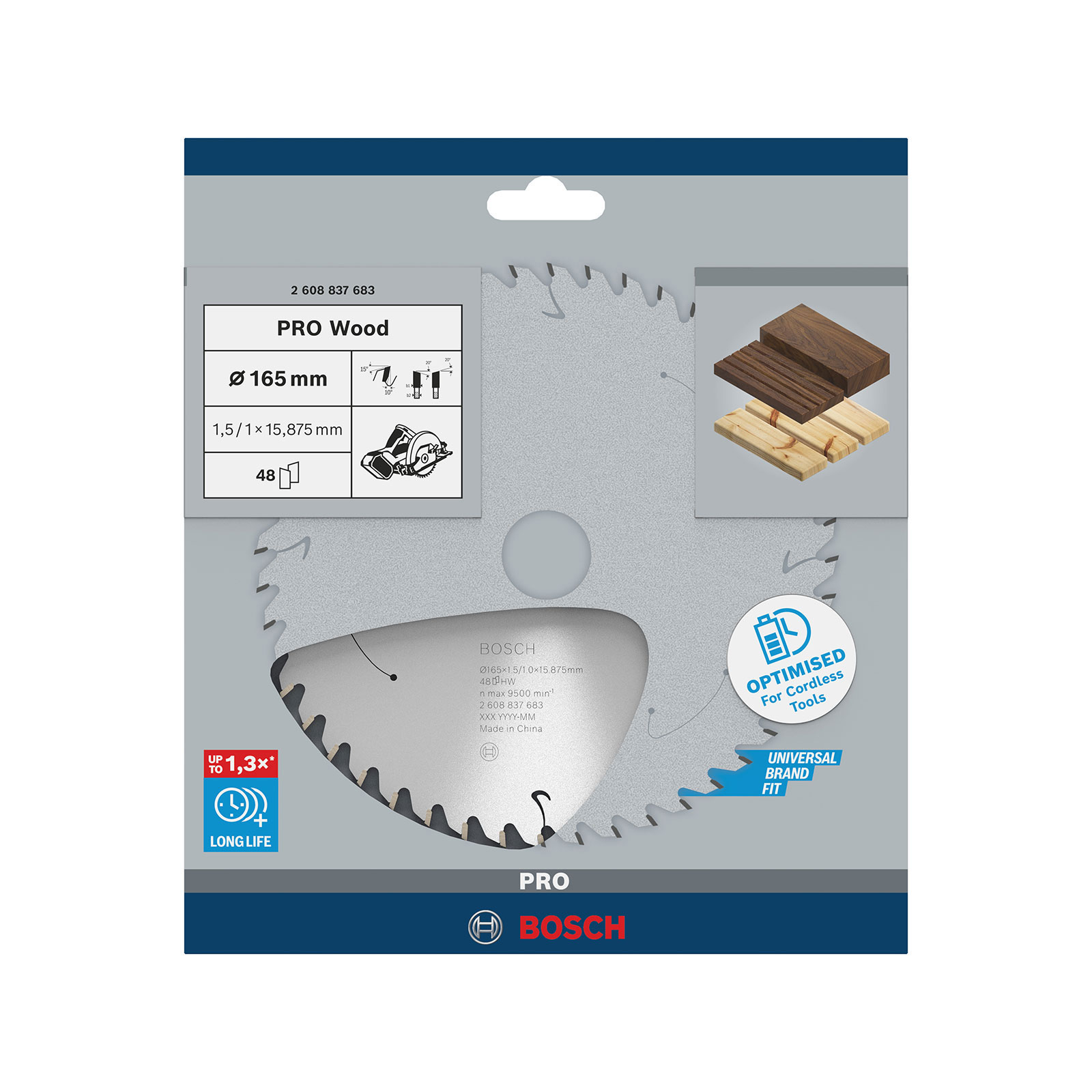 Ein Produktfoto zeigt ein Bosch Pro Wood Sägeblatt, seine Verpackung und Anwendungssymbole auf grauem Hintergrund.