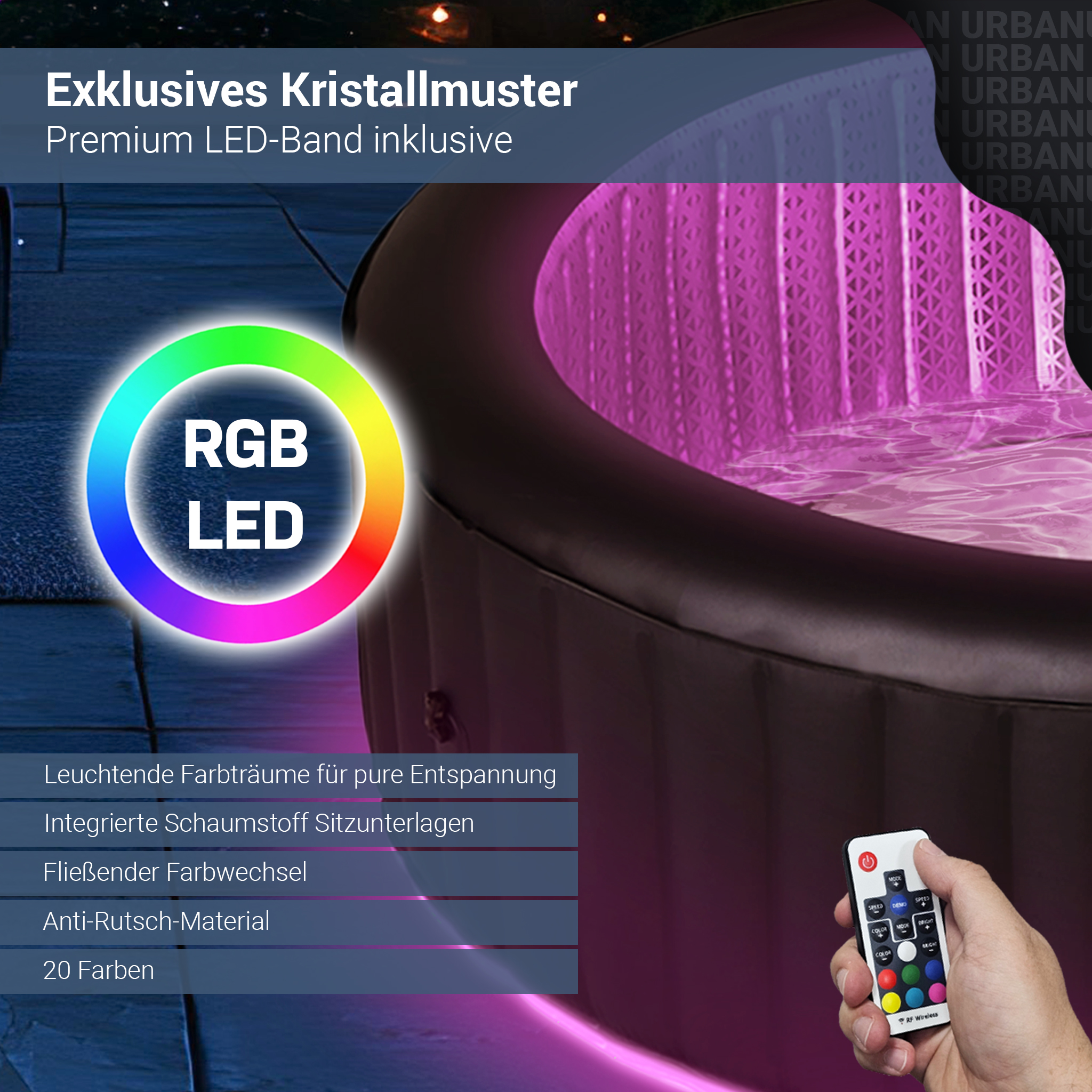 Bild, das einen Whirlpool mit RGB-LED-Beleuchtung und einer Fernbedienung zeigt und exklusive Kristallmuster hervorhebt.