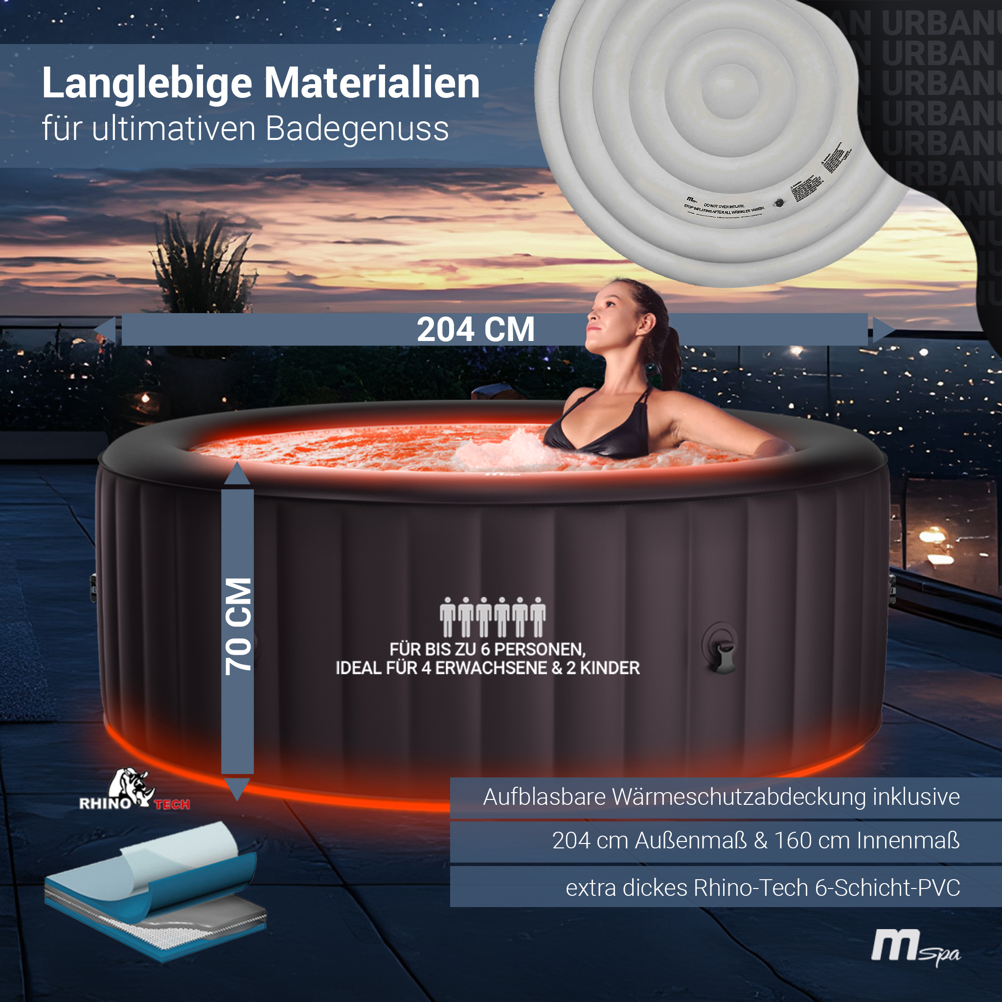 Bild, das die Abmessungen und die Kapazität eines schwarzen aufblasbaren Whirlpools mit roten Lichtern und einer Frau darin zeigt.