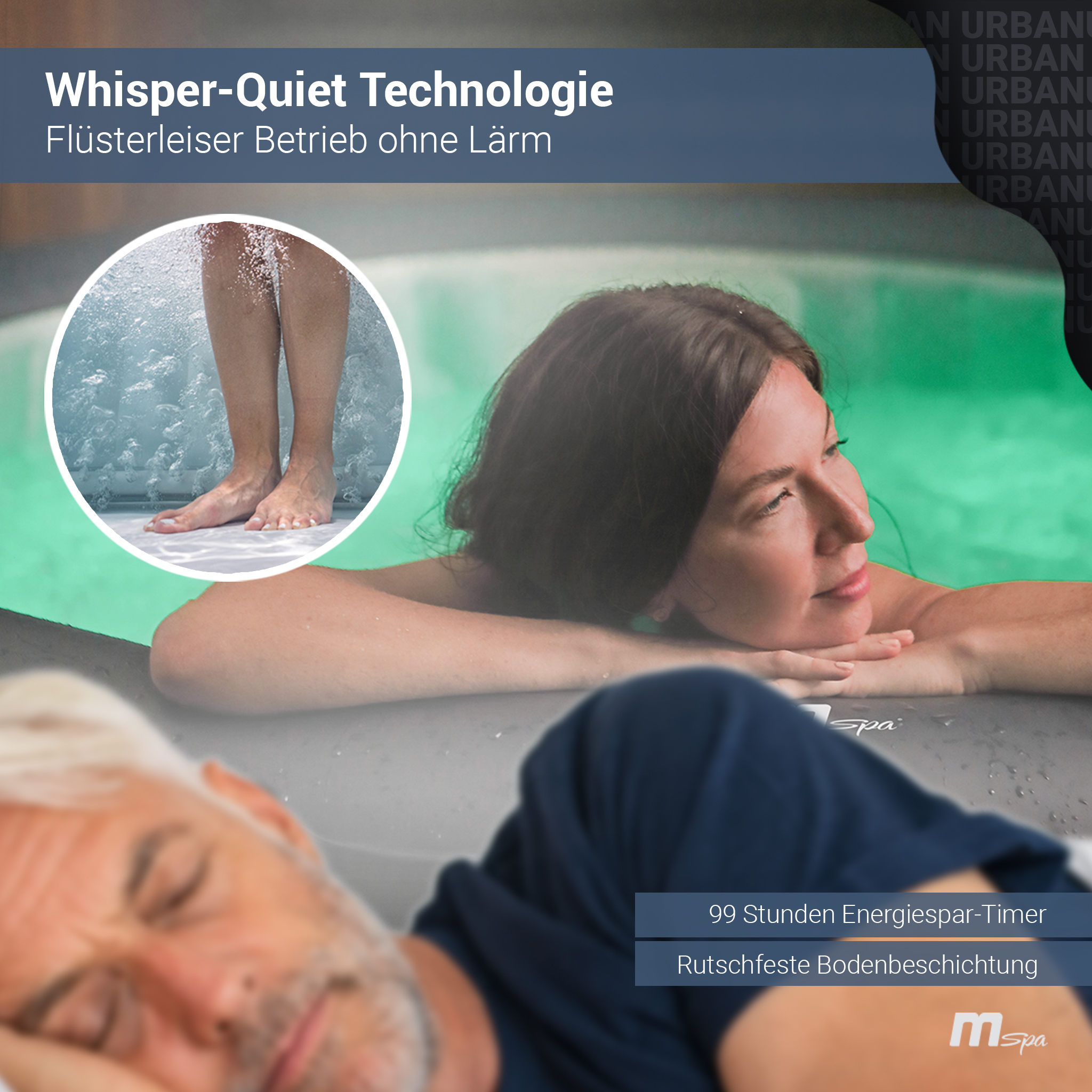 Bild mit einem Paar, das sich in einem Whirlpool entspannt, wobei die flüsterleise Technologie und der Energiespar-Timer hervorgehoben werden.