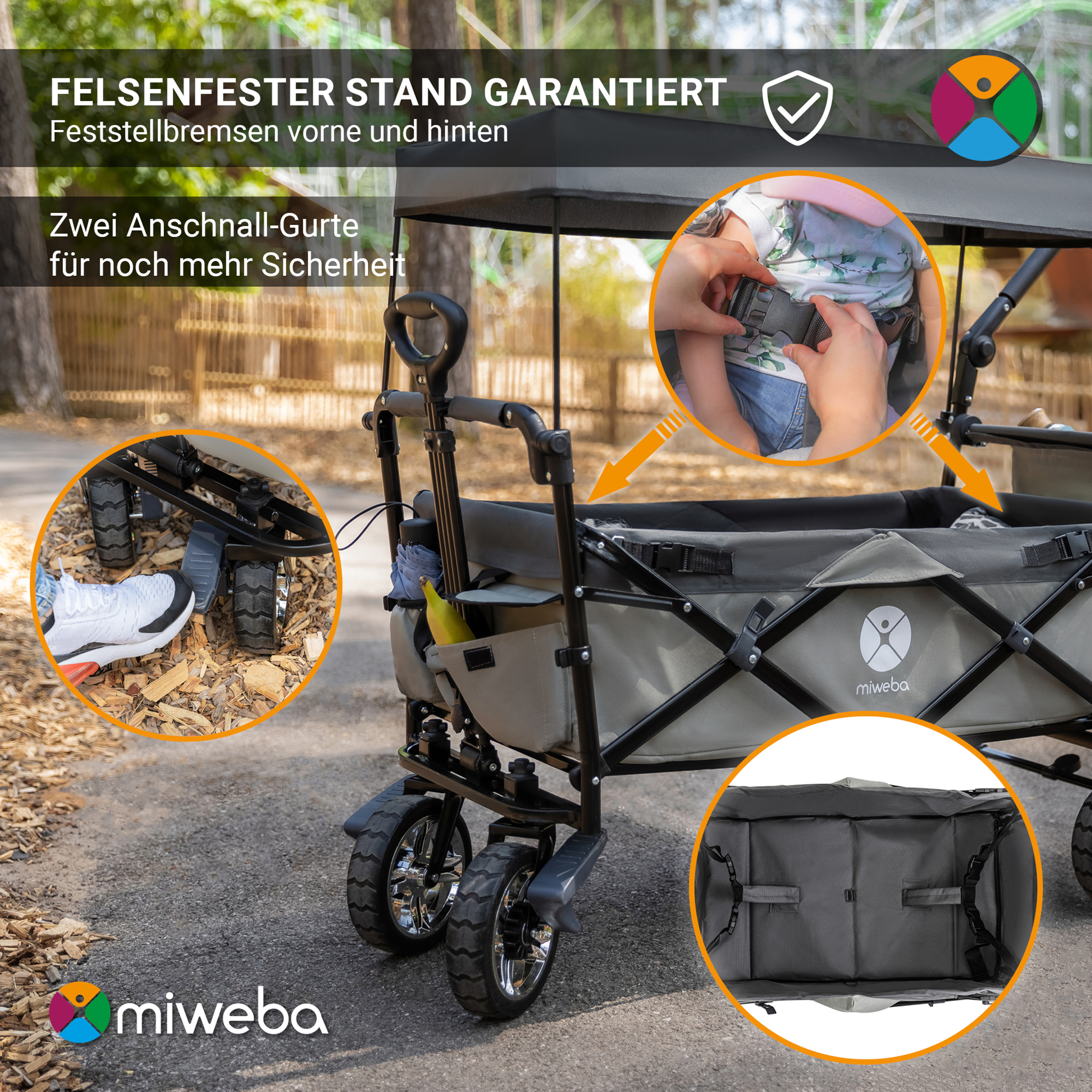 Das Bild hebt das Bremssystem und den Gurt eines grauen Miweba-Wagens hervor und betont die Sicherheitsmerkmale.