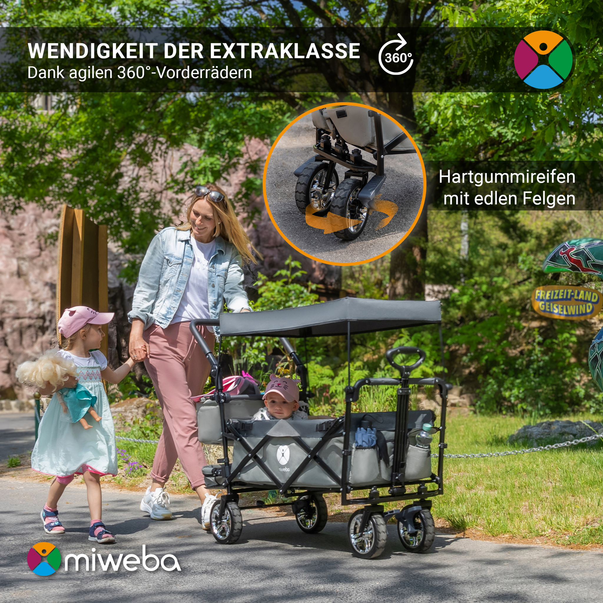 Eine Frau und zwei Kinder stehen in der Nähe eines grauen Miweba-Wagens mit agilen Rädern, was seine Wendigkeit hervorhebt.
