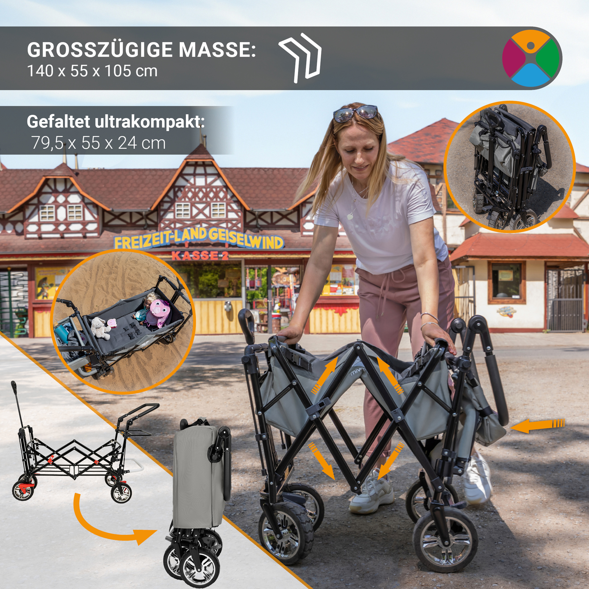 Eine Frau faltet einen grauen Miweba-Wagen zusammen und zeigt seine kompakte Größe im zusammengeklappten Zustand für einfache Lagerung und Transport.