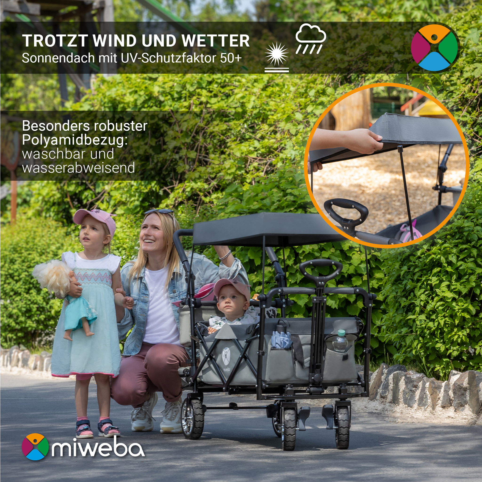 Eine Familie mit einem grauen Miweba-Wagen, der sein Sonnendach und seine robuste, wetterbeständige Polyamidabdeckung zeigt.