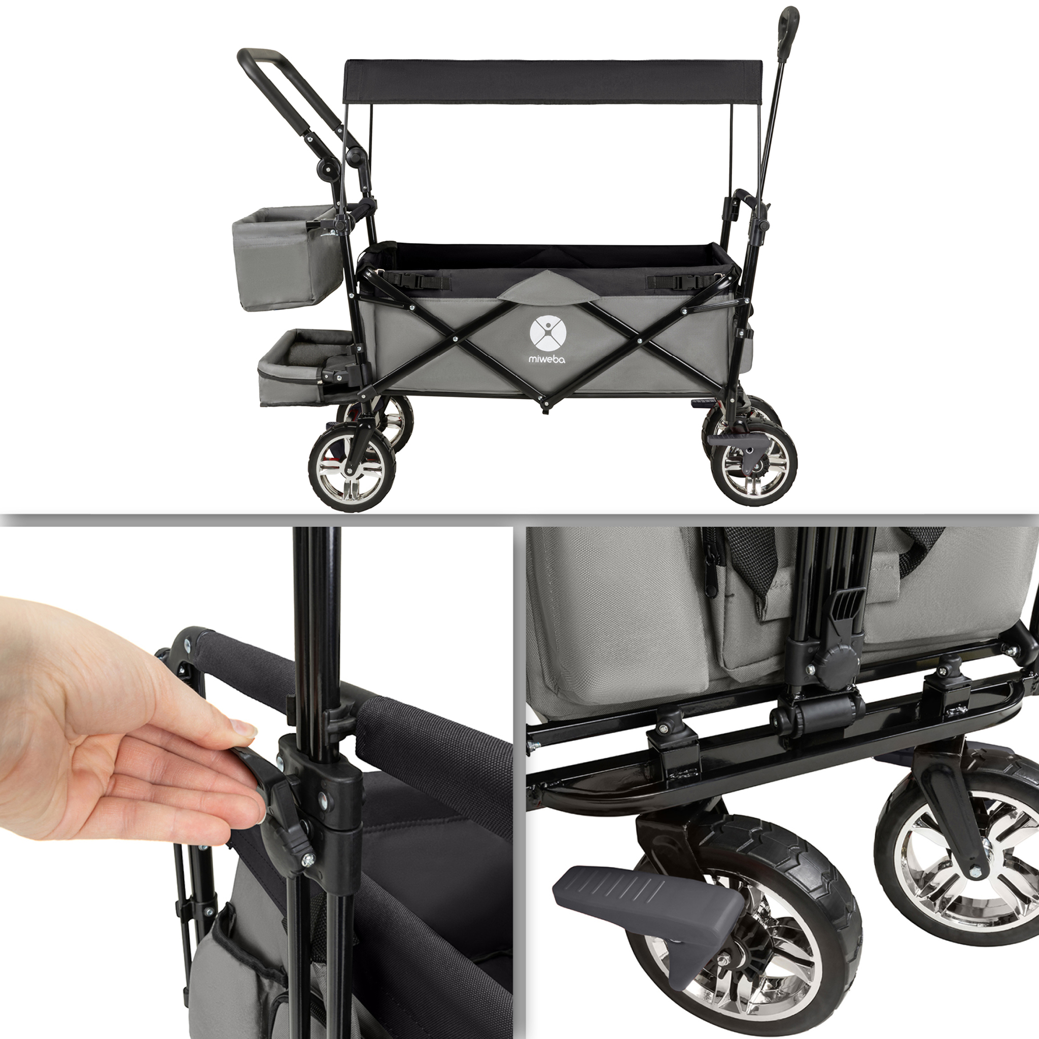 Ein grauer Miweba-Wagen ist mit verstellbaren Funktionen abgebildet, die sein Design und seine Funktionalität zeigen.