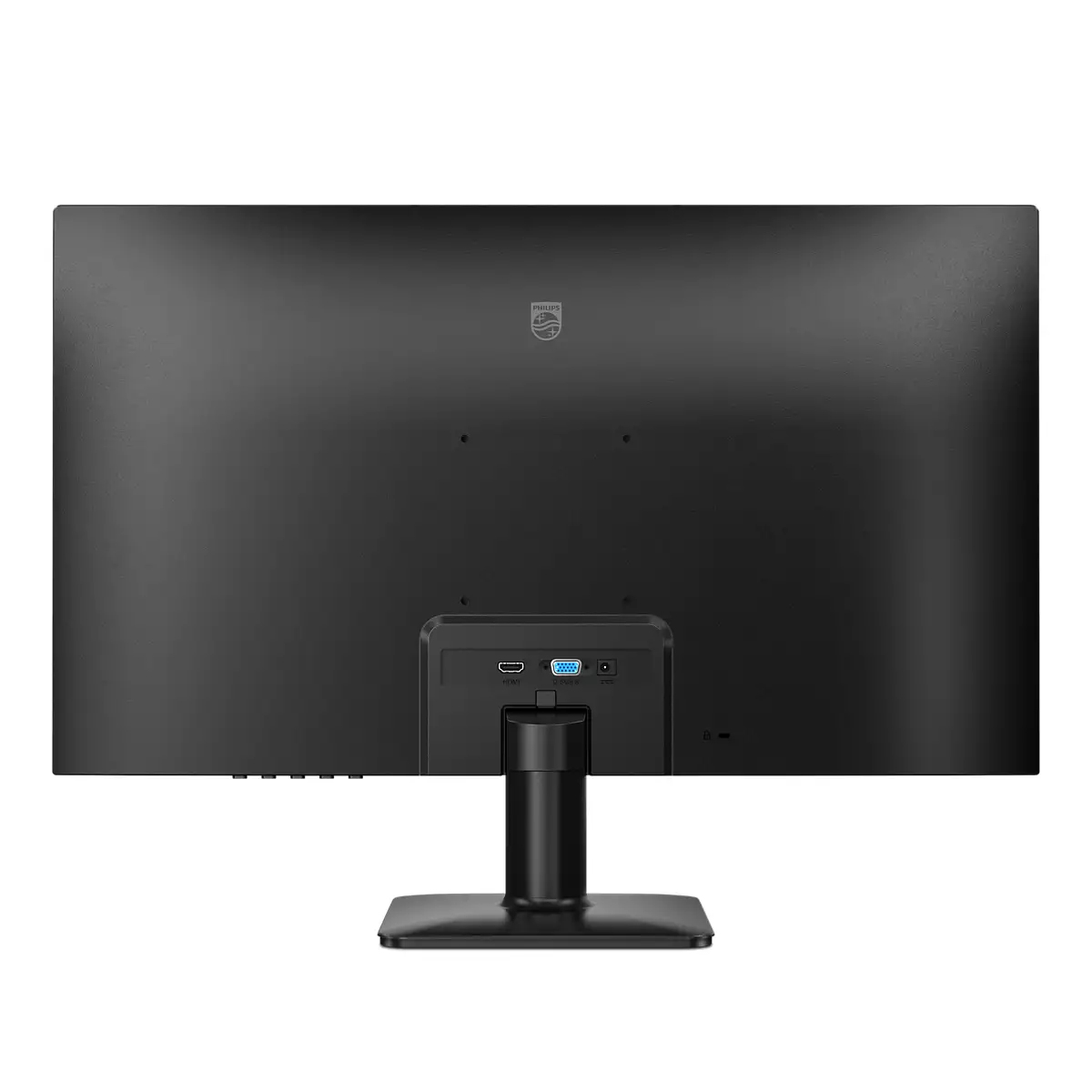 Widoczny jest tył czarnego monitora Philips. Posiada porty do podłączenia HDMI i VGA, i stoi na czarnej podstawie.
