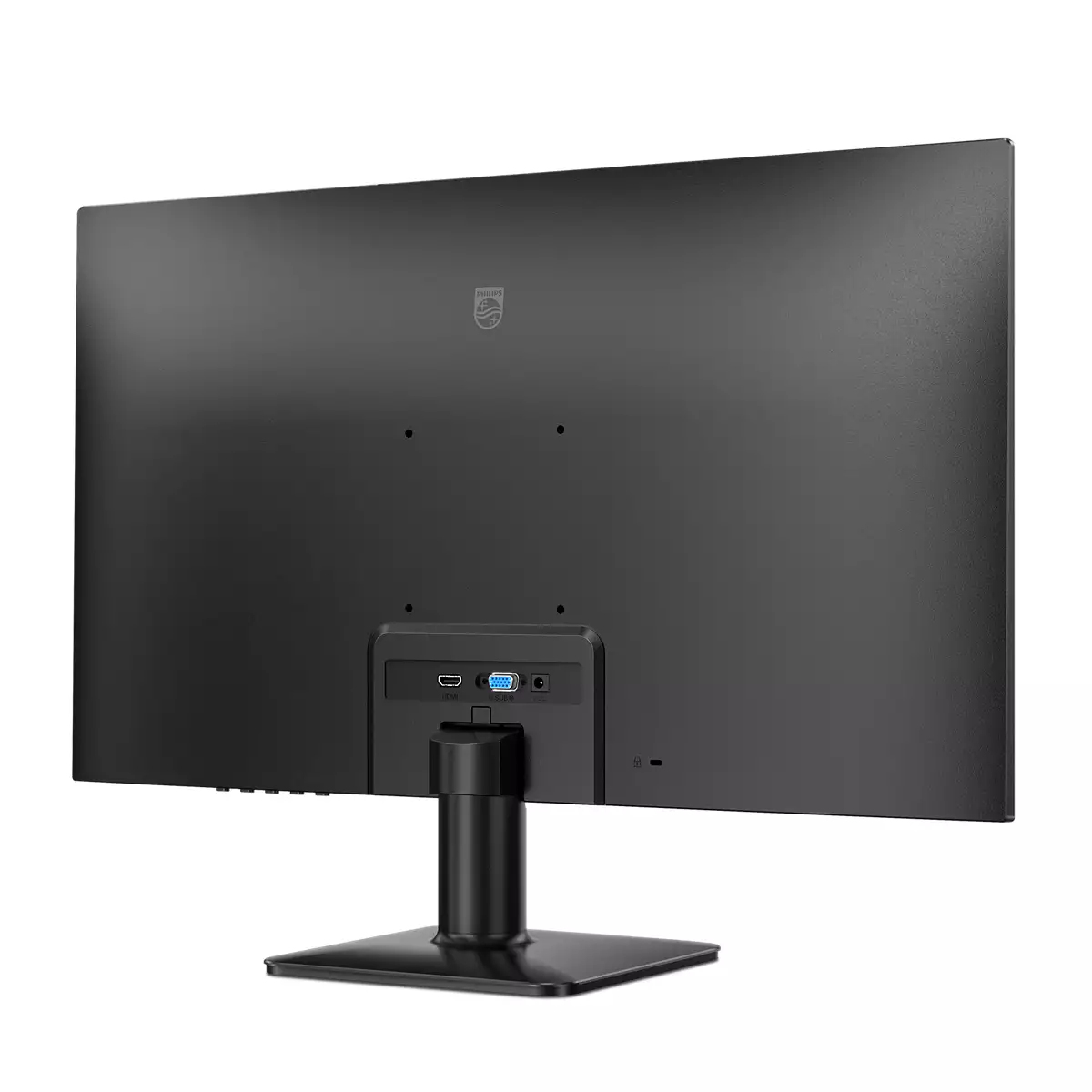 Widoczny jest tył czarnego monitora Philips. Posiada porty do podłączenia HDMI i VGA, i stoi na czarnej podstawie.