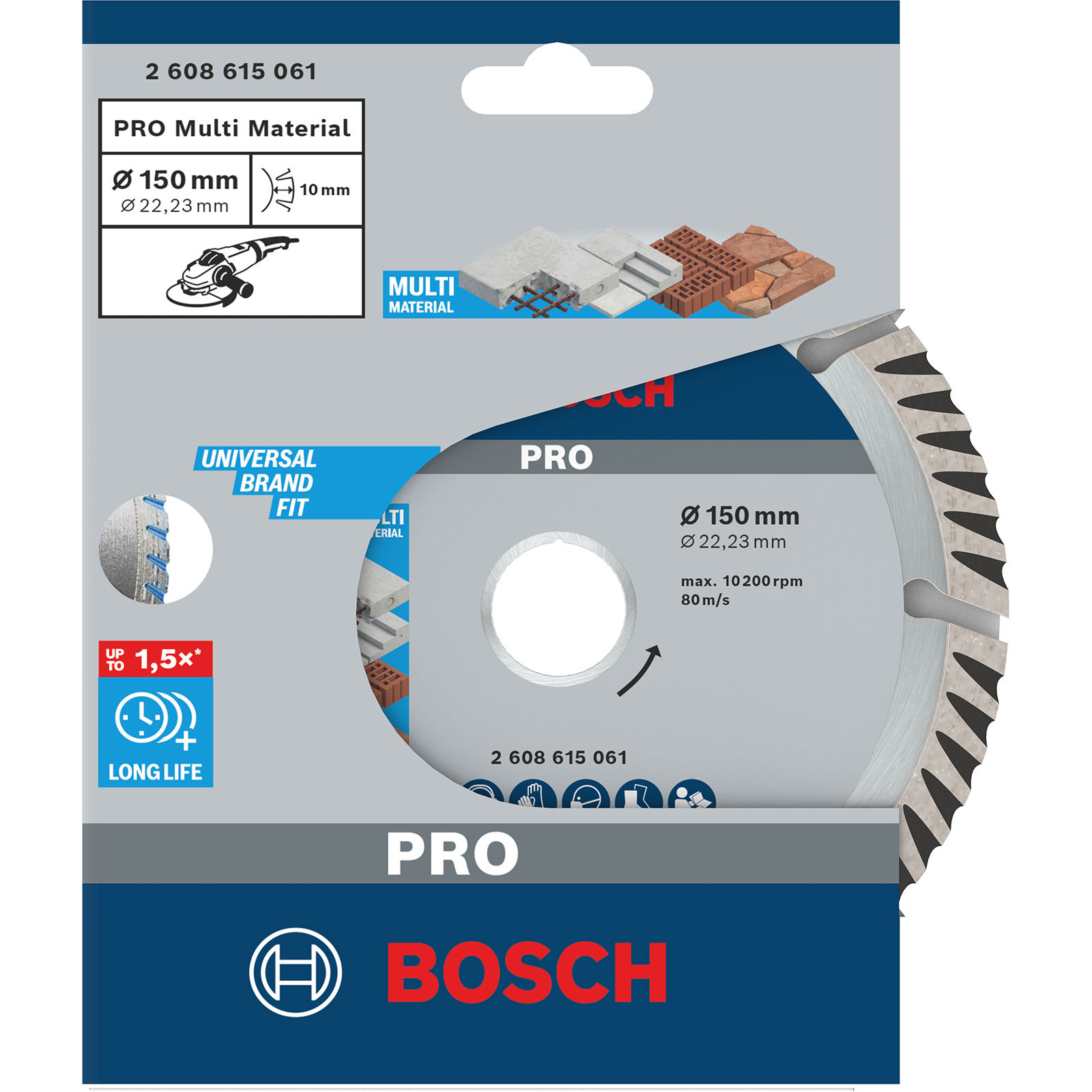 Kreissägeblatt mit Text und Diagramm, mit Multi-Material-Design und Bosch-Logo.