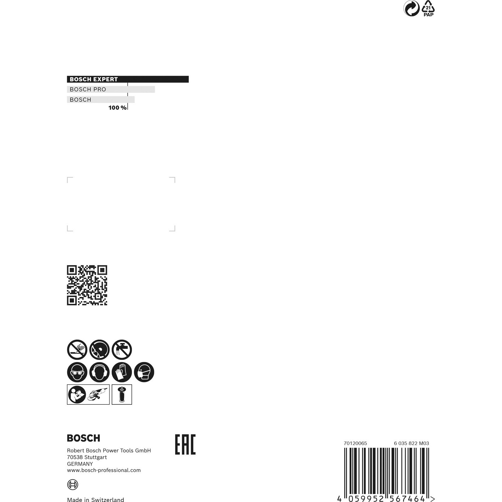 Metin, diyagramlar, QR kodu ve güvenlik simgeleri içeren beyaz ambalaj. Bosch logosu görünür.