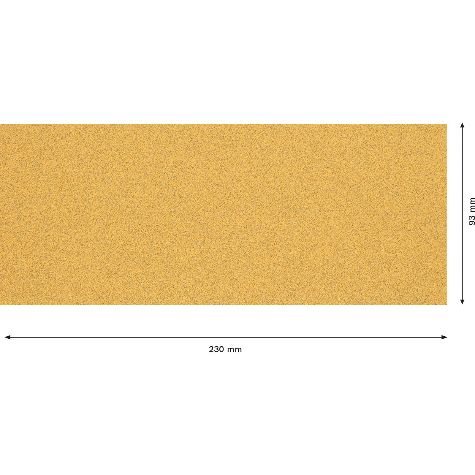 Un blocco abrasivo rettangolare giallo con dimensioni, su uno sfondo bianco.