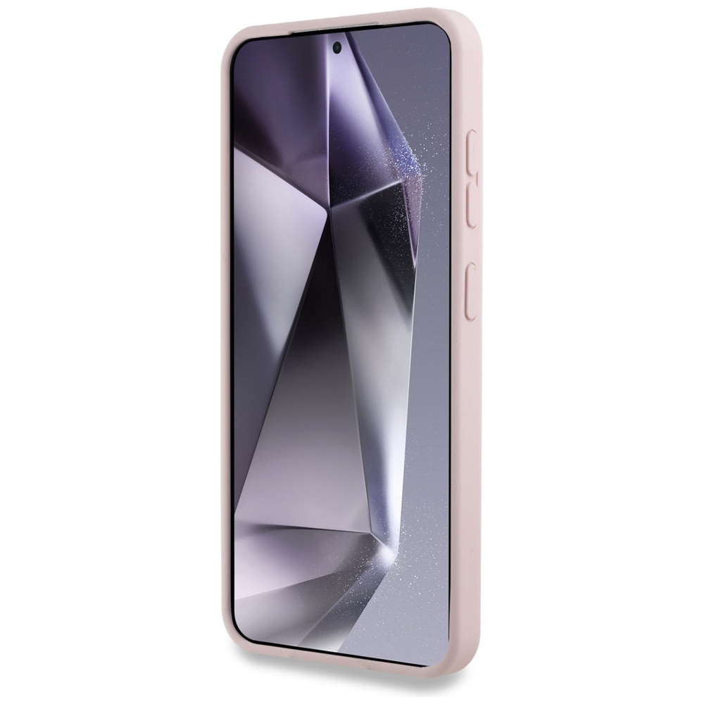 Jasnoróżowe etui na telefon chroni telefon z geometrycznym wzorem na ekranie.