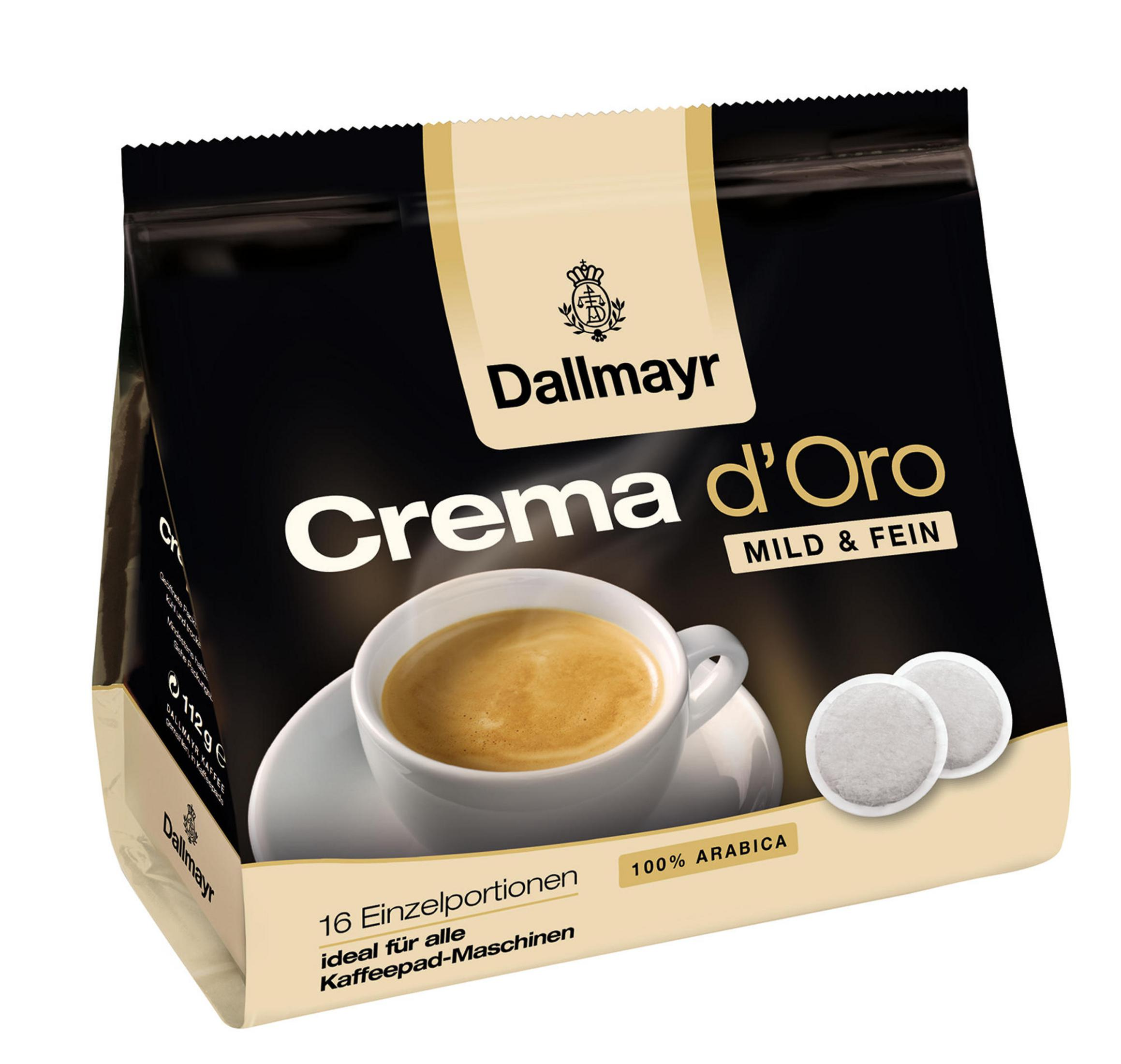 Dallmayr Crema d'Oro Kaffeepads in einer schwarz-beigen Verpackung mit Kaffeetassenbild.
