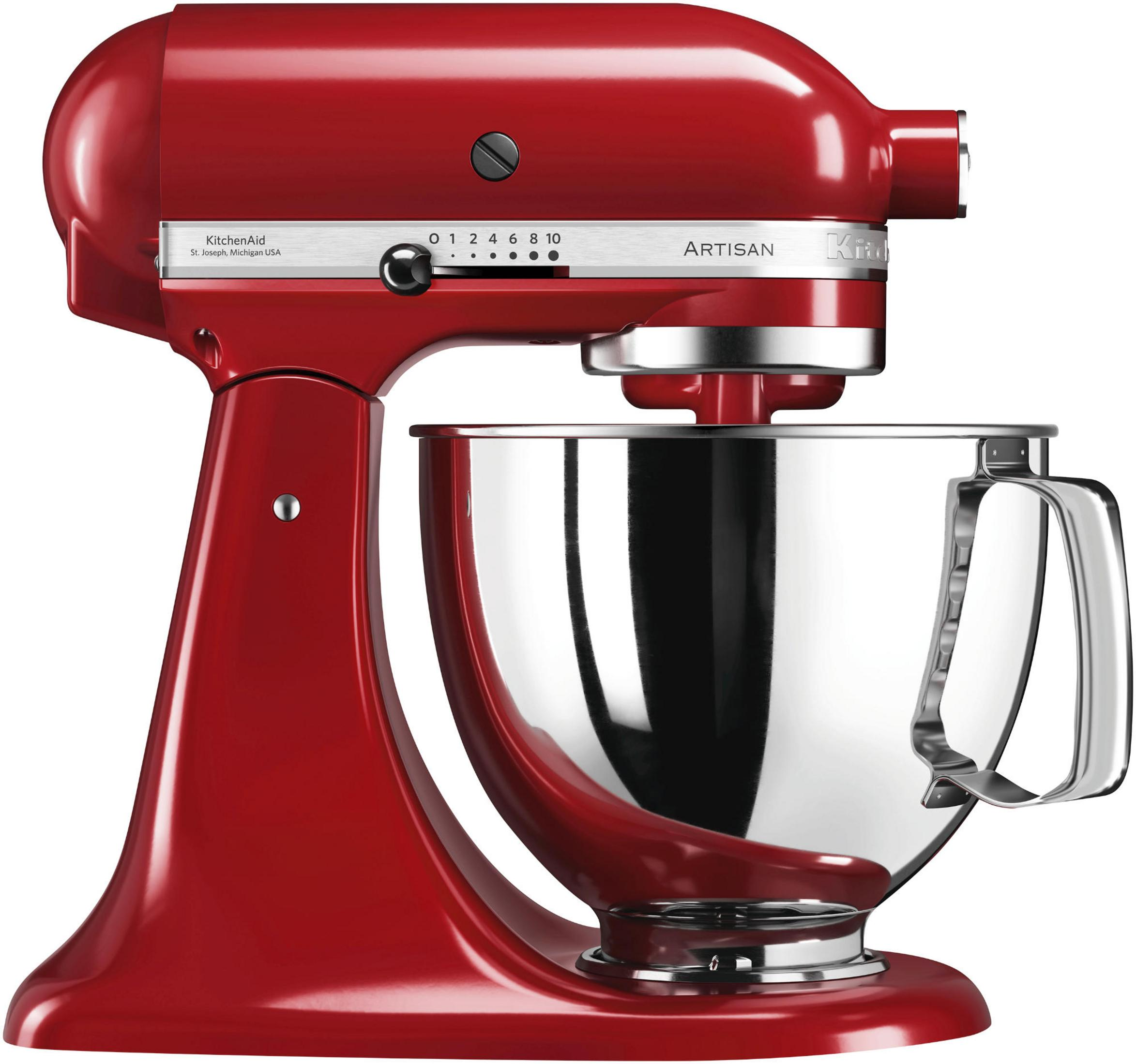 Ein roter KitchenAid Standmixer mit einer angebrachten Edelstahlschüssel. Der Mixer befindet sich auf einem weißen Hintergrund.