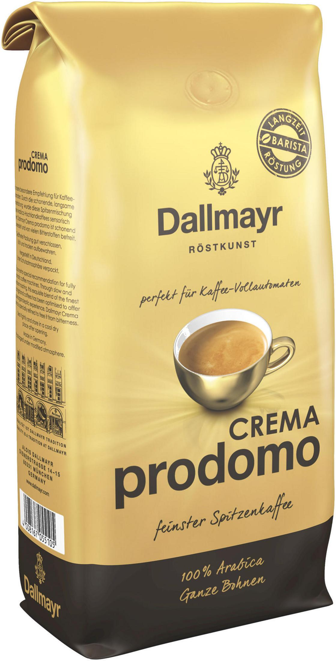 Eine Tüte Dallmayr Crema Prodomo Kaffeebohnen mit einer Tasse Kaffee auf der Vorderseite.