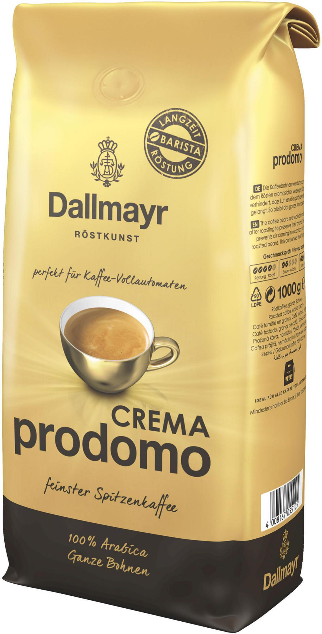 Eine Tüte Dallmayr Crema Prodomo Kaffeebohnen mit einer Tasse Kaffee auf der Vorderseite.