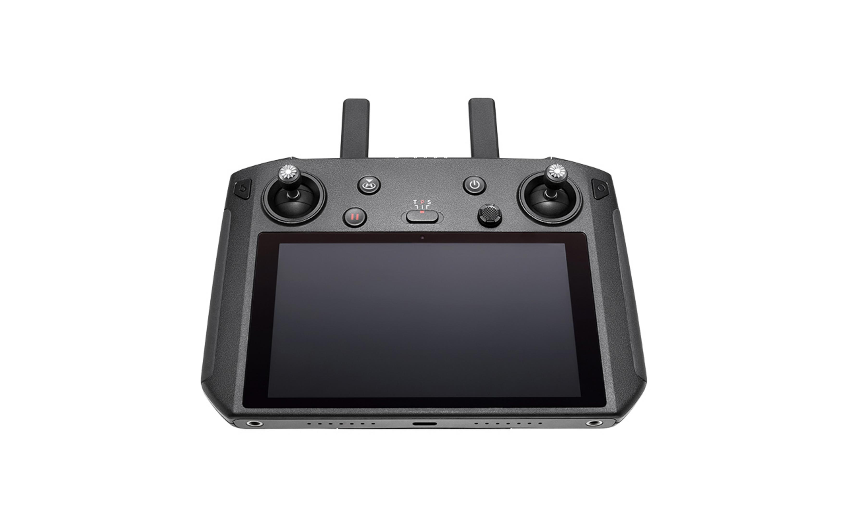 Schwarze Drohnenfernbedienung mit Bildschirm, Joysticks und Tasten, zentriert auf weißem Hintergrund.