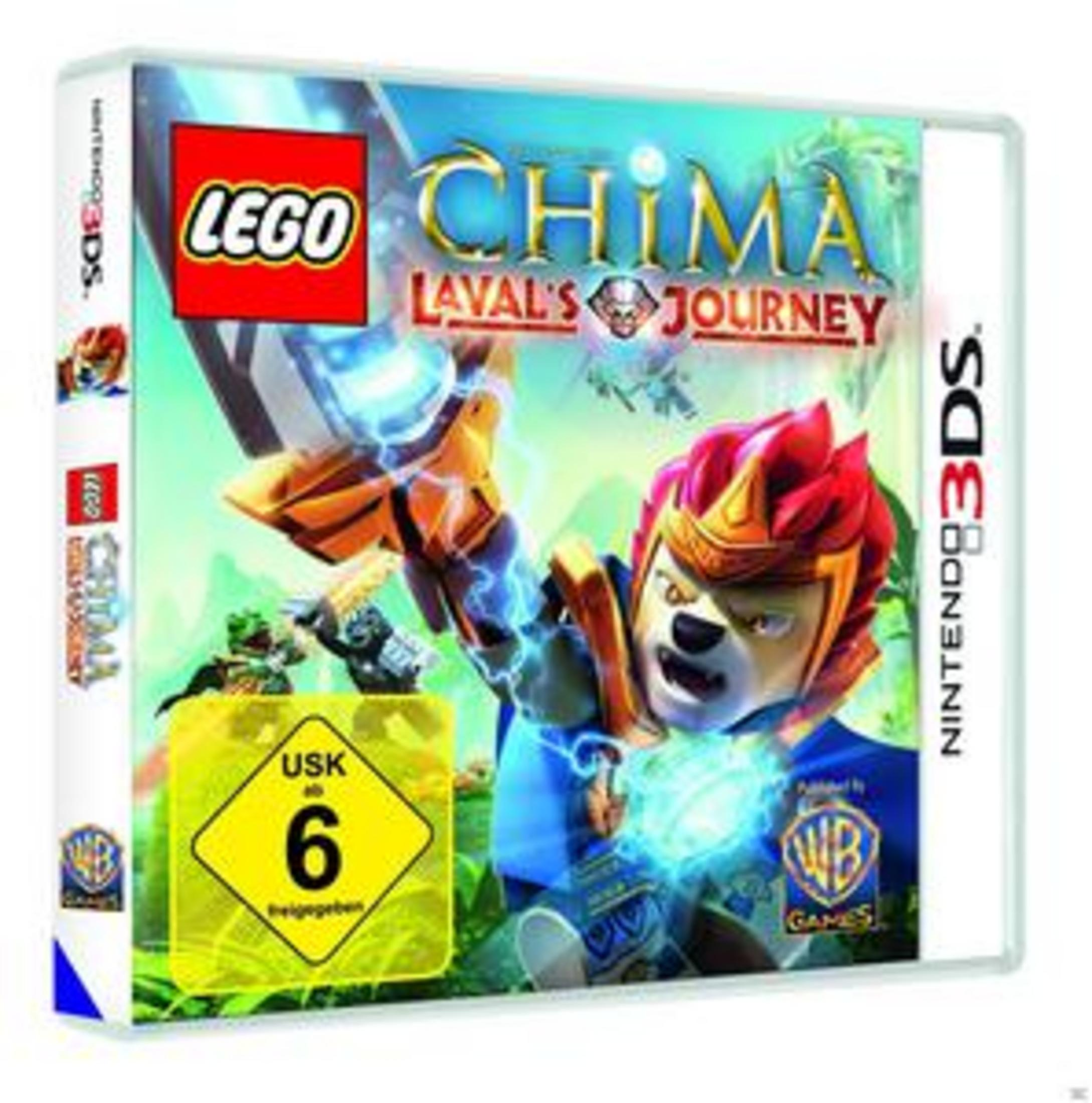 Lego Chima Laval's Journey Nintendo 3DS Spiel in seiner Verpackung, schräge Ansicht.