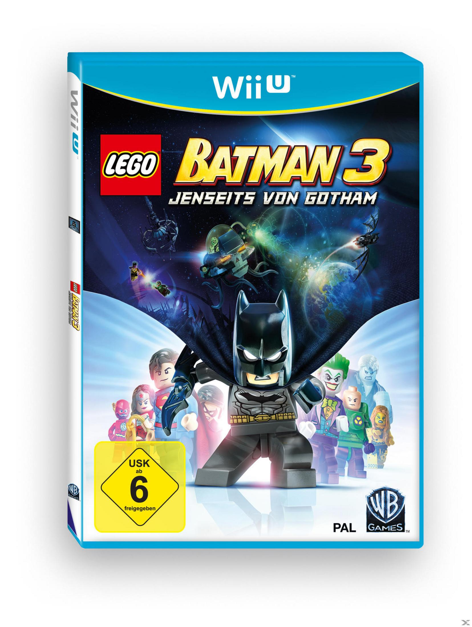 Das Cover des Videospiels Lego Batman 3 zeigt Lego-Figuren, Batman und Gotham City.