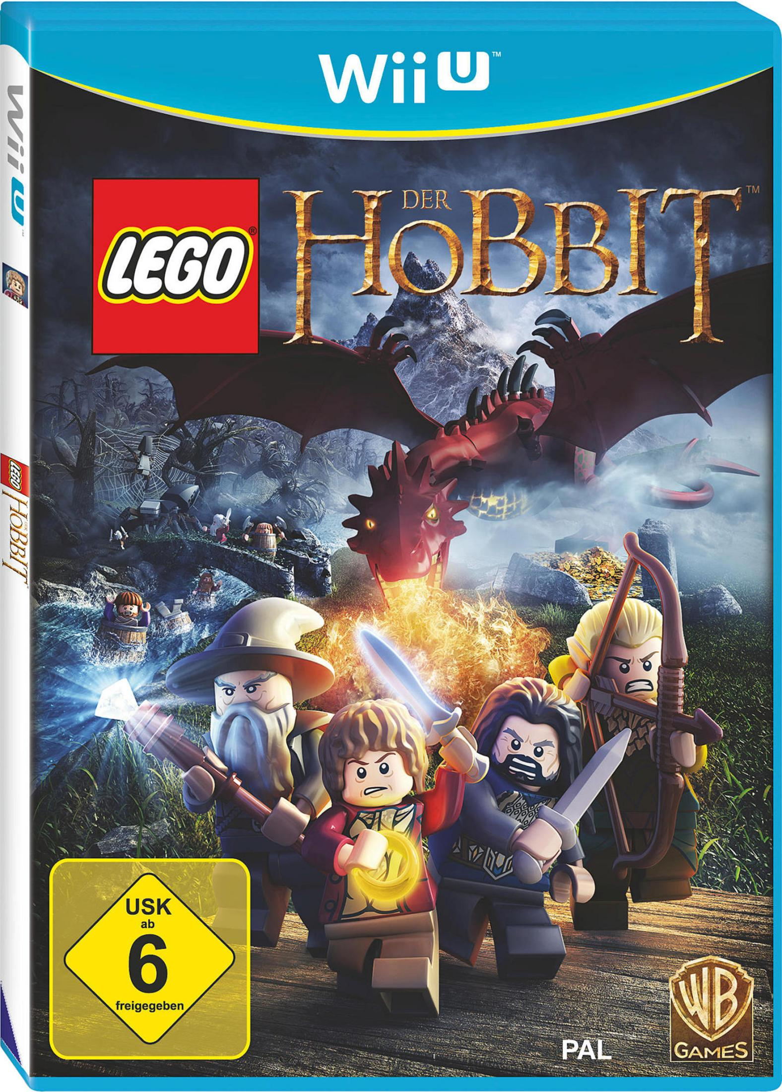 Videospielcover, Lego Der Hobbit, zeigt Lego-Charaktere und einen Drachen.