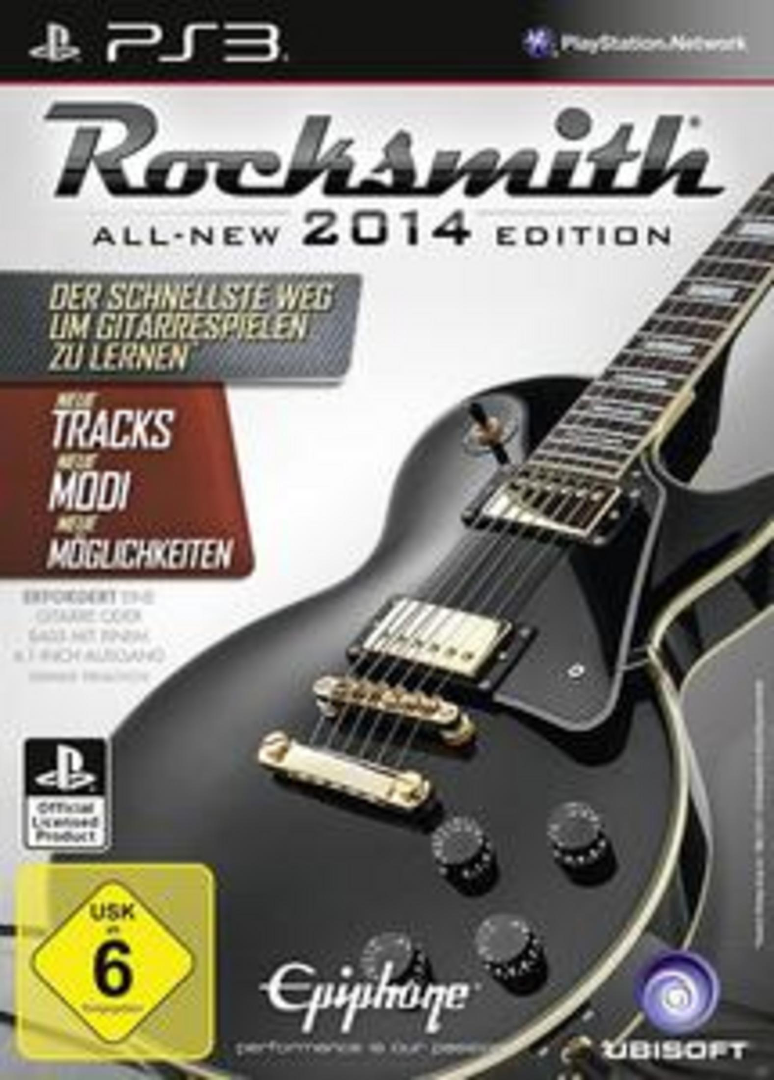 Rocksmith 2014 Edition-Spielcover mit einer schwarzen E-Gitarre, das für das Gitarrenlernen wirbt.