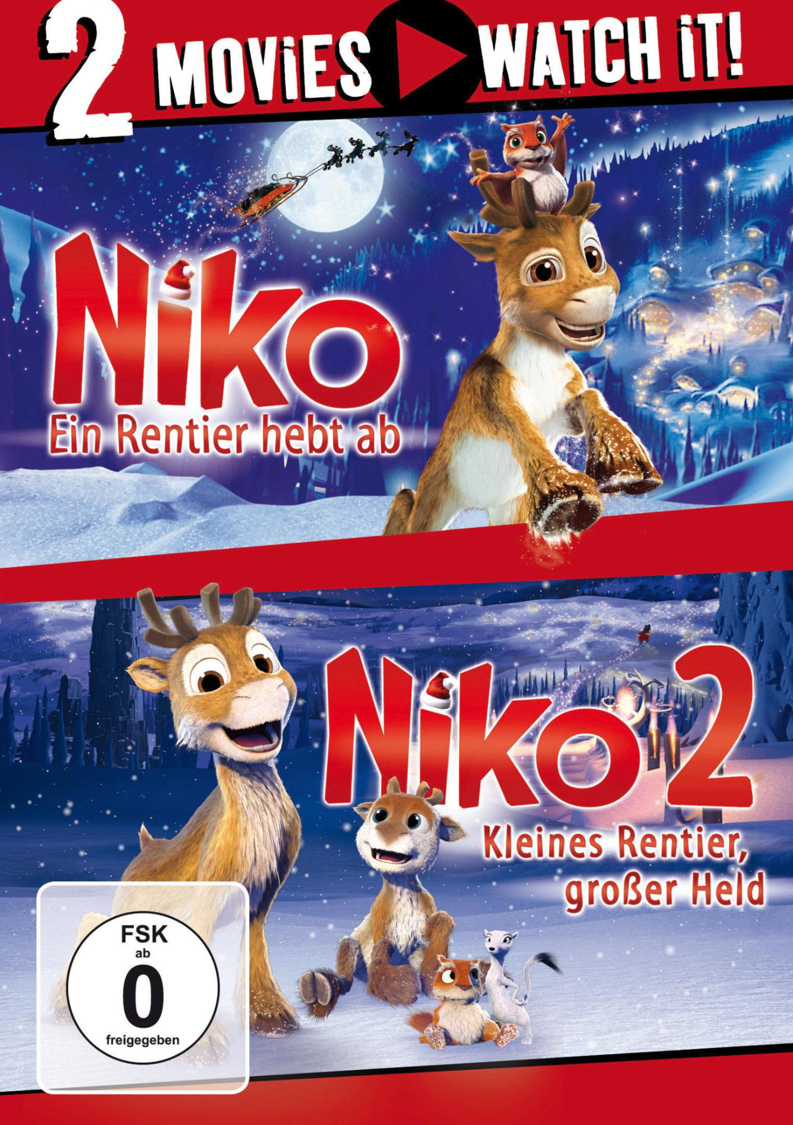Das Cover von „Niko“ zeigt animierte Rentiere in einer Schneelandschaft mit dem Weihnachtsmann, der über den Mond fliegt.