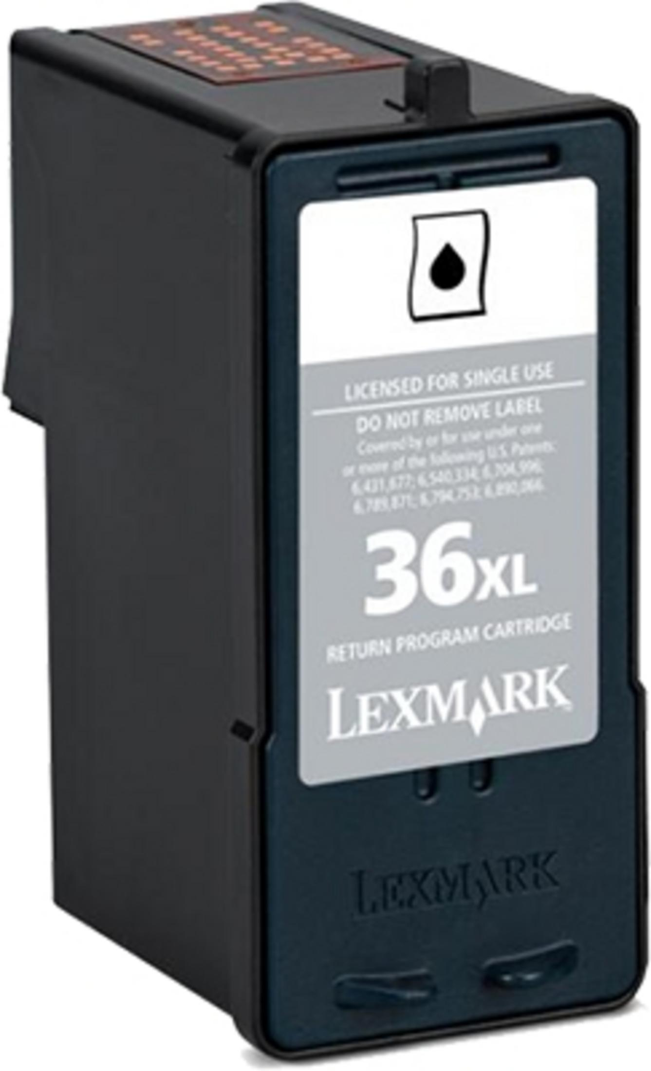 Lexmark 36XL schwarze Tintenpatrone. Die Patrone ist schwarz mit grauem Etikett. „Lexmark“ steht in Weiß geschrieben.