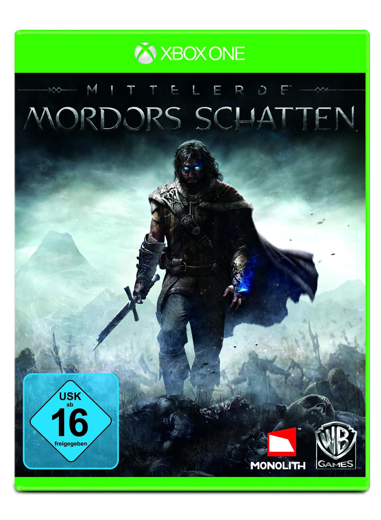 Xbox One-Spielcover: Mittelerde: Mordors Schatten. Ein Krieger mit einem Schwert steht über gefallenen Orks.